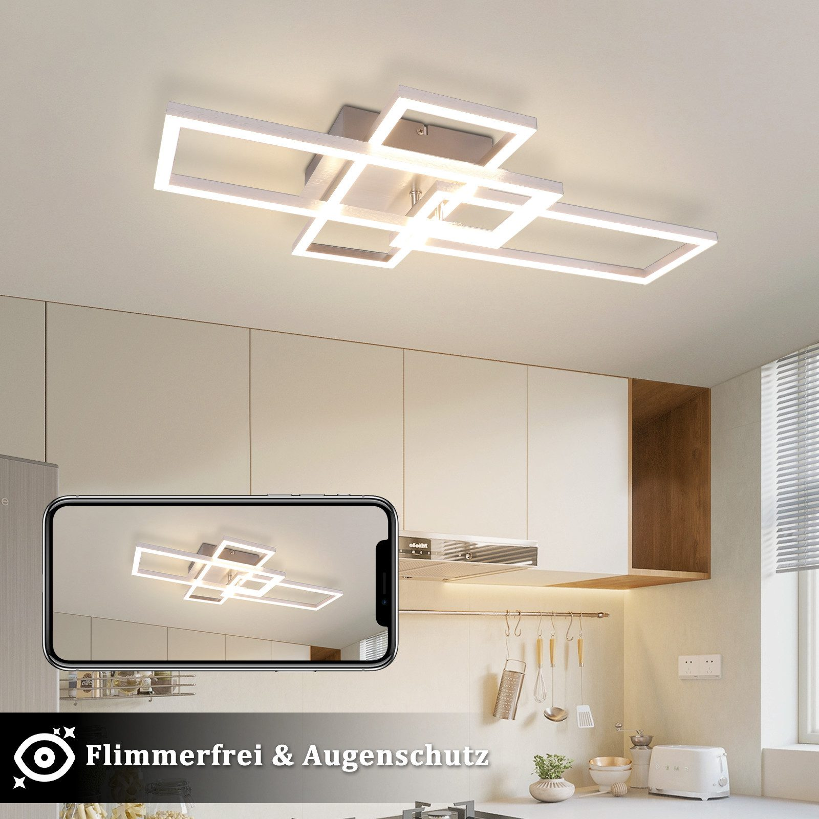 Lampada da soffitto moderna con rettangoli bianchi. Un telefono mostra la luce in una cucina. Sono visibili mobili da cucina.