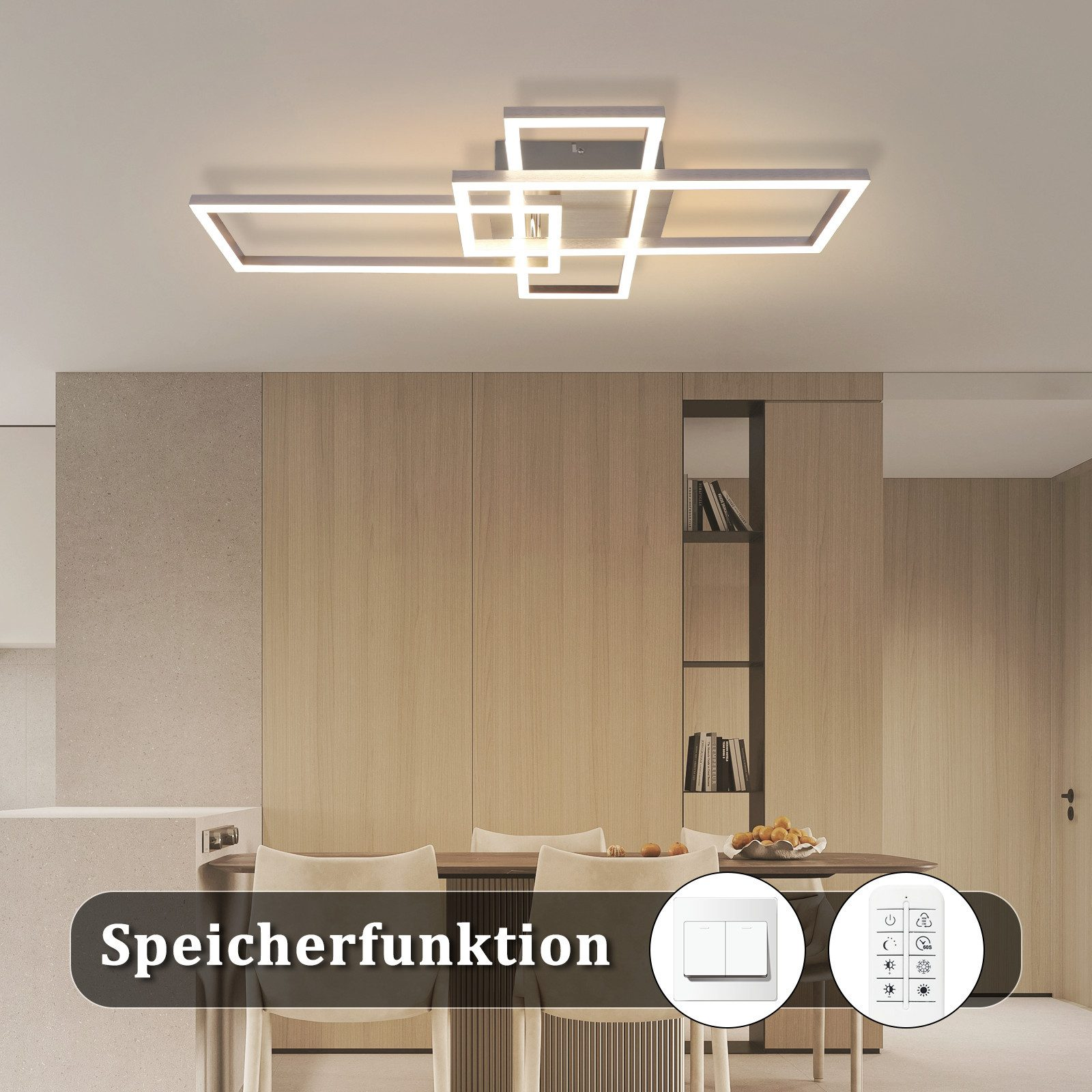 Una moderna lampada da soffitto bianca con design rettangolare e altre luci, in una stanza.