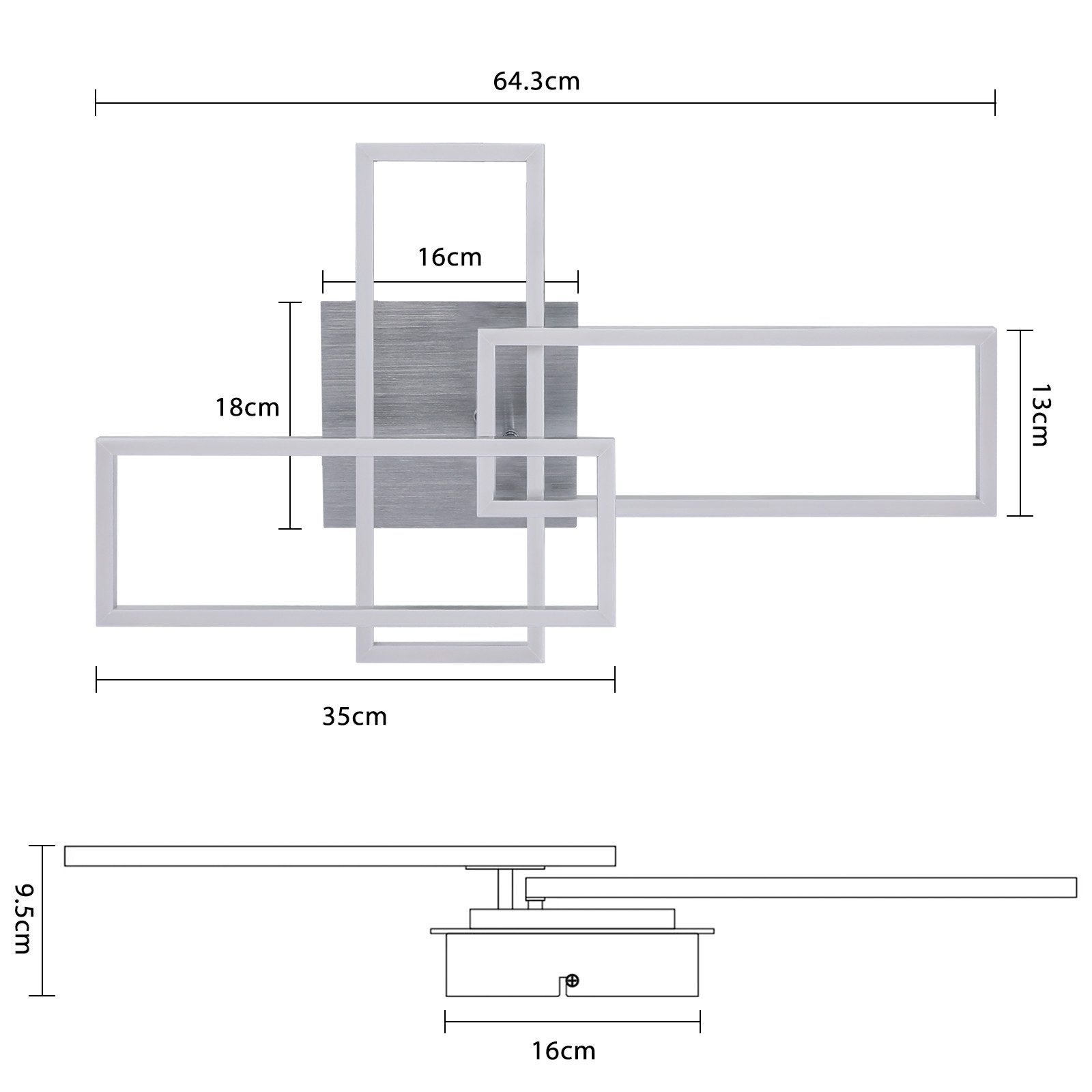 Lampada da soffitto moderna geometrica. Rettangolare, dimensioni specificate nell'immagine.