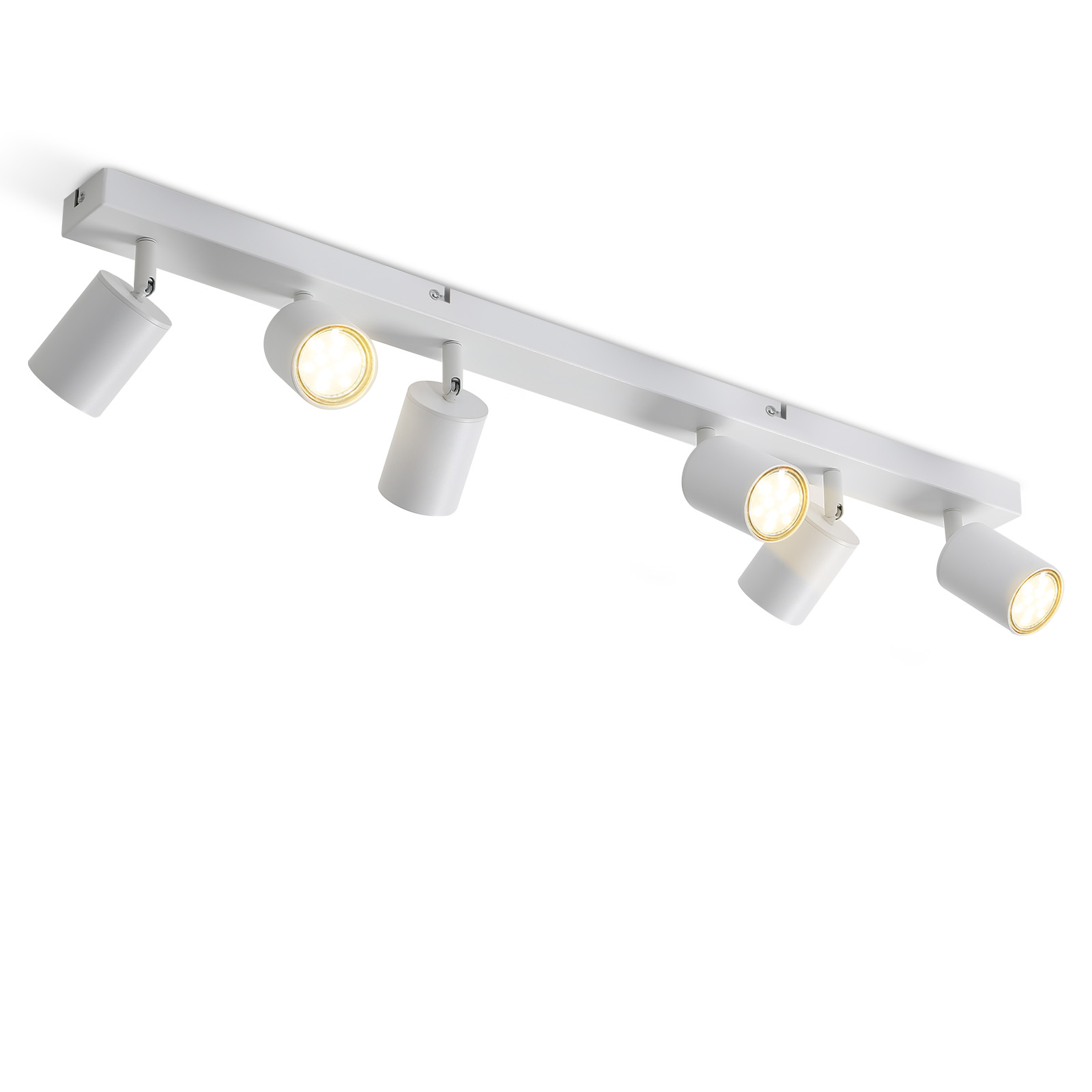 Apparecchio di illuminazione a binario bianco con cinque faretti regolabili, tutti illuminati.