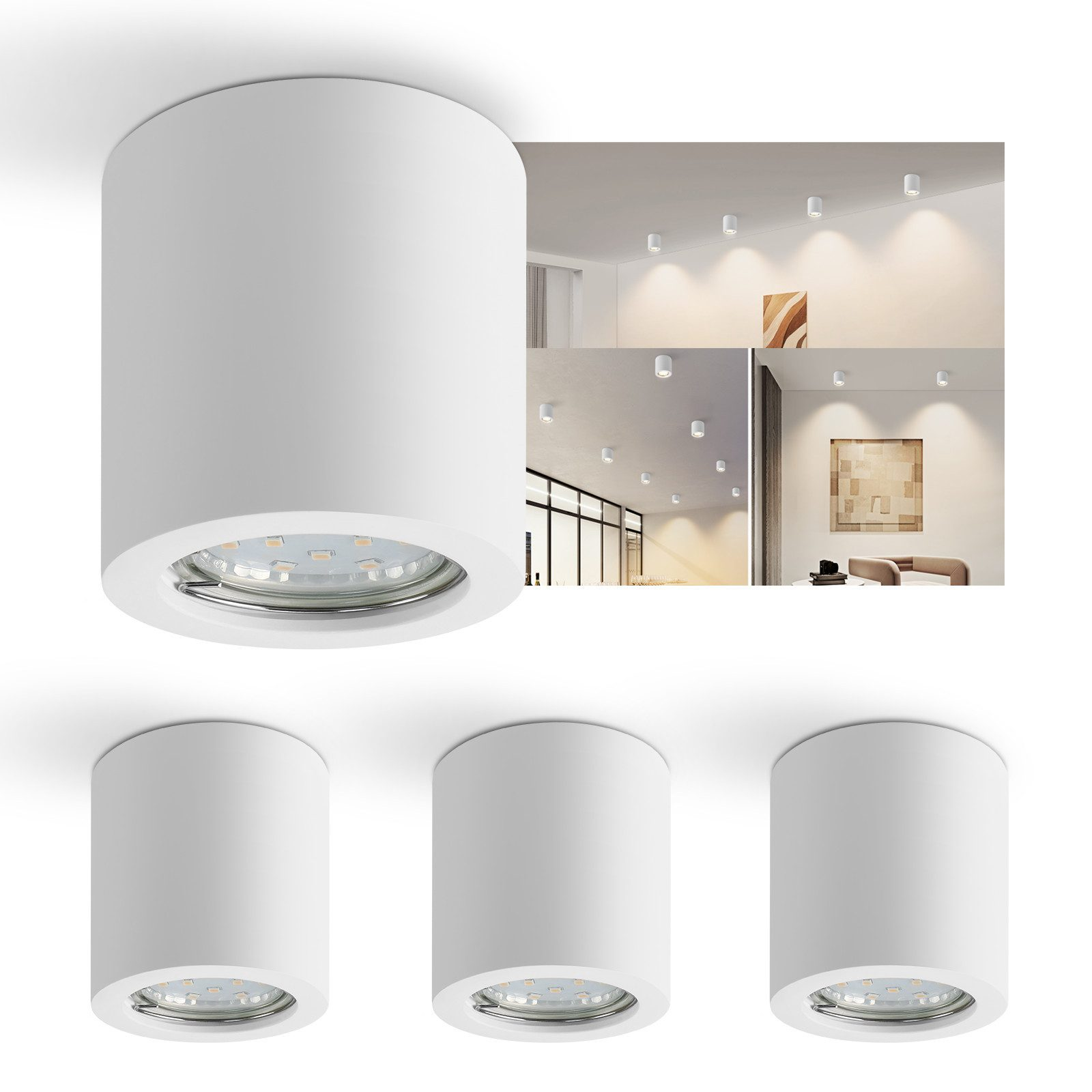 Białe lampy sufitowe, cylindryczny design, z różnymi widokami instalacji.