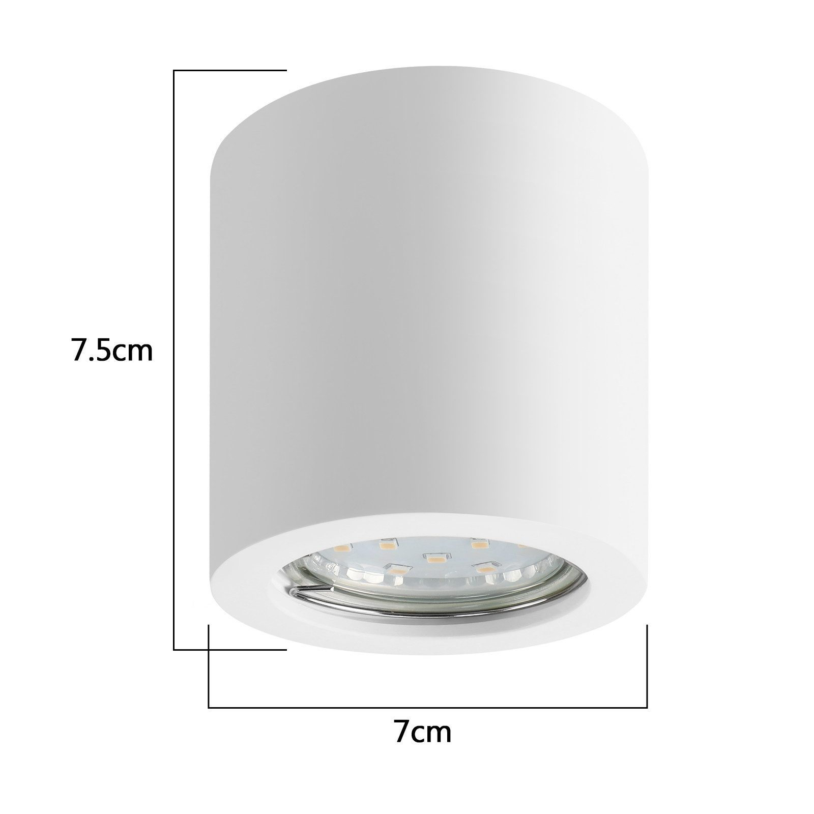 Biała cylindryczna lampa sufitowa o wymiarach: 7,5 cm wysokości i 7 cm szerokości.