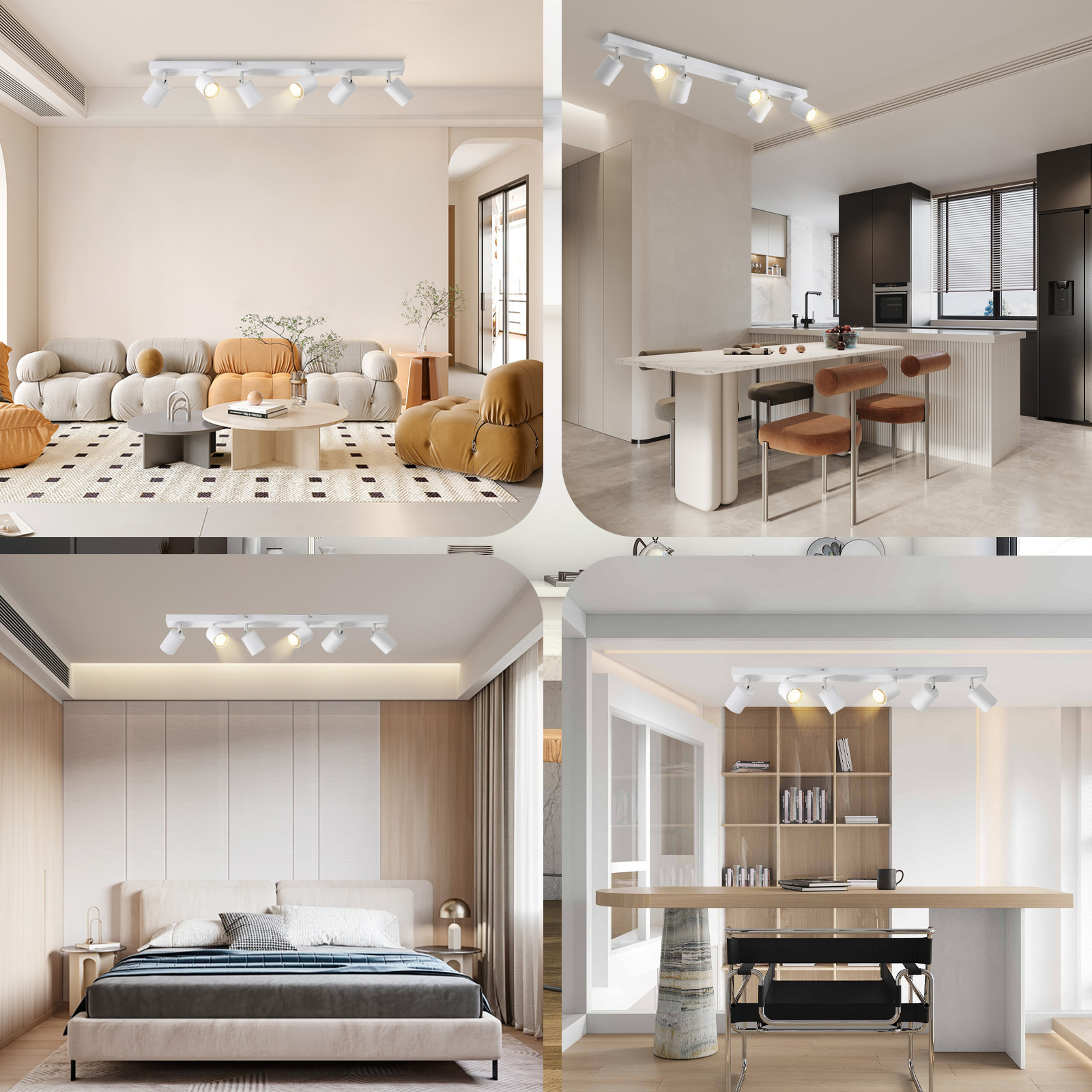 Quattro immagini di faretti a soffitto in diverse stanze: soggiorno, cucina, camera da letto, studio.