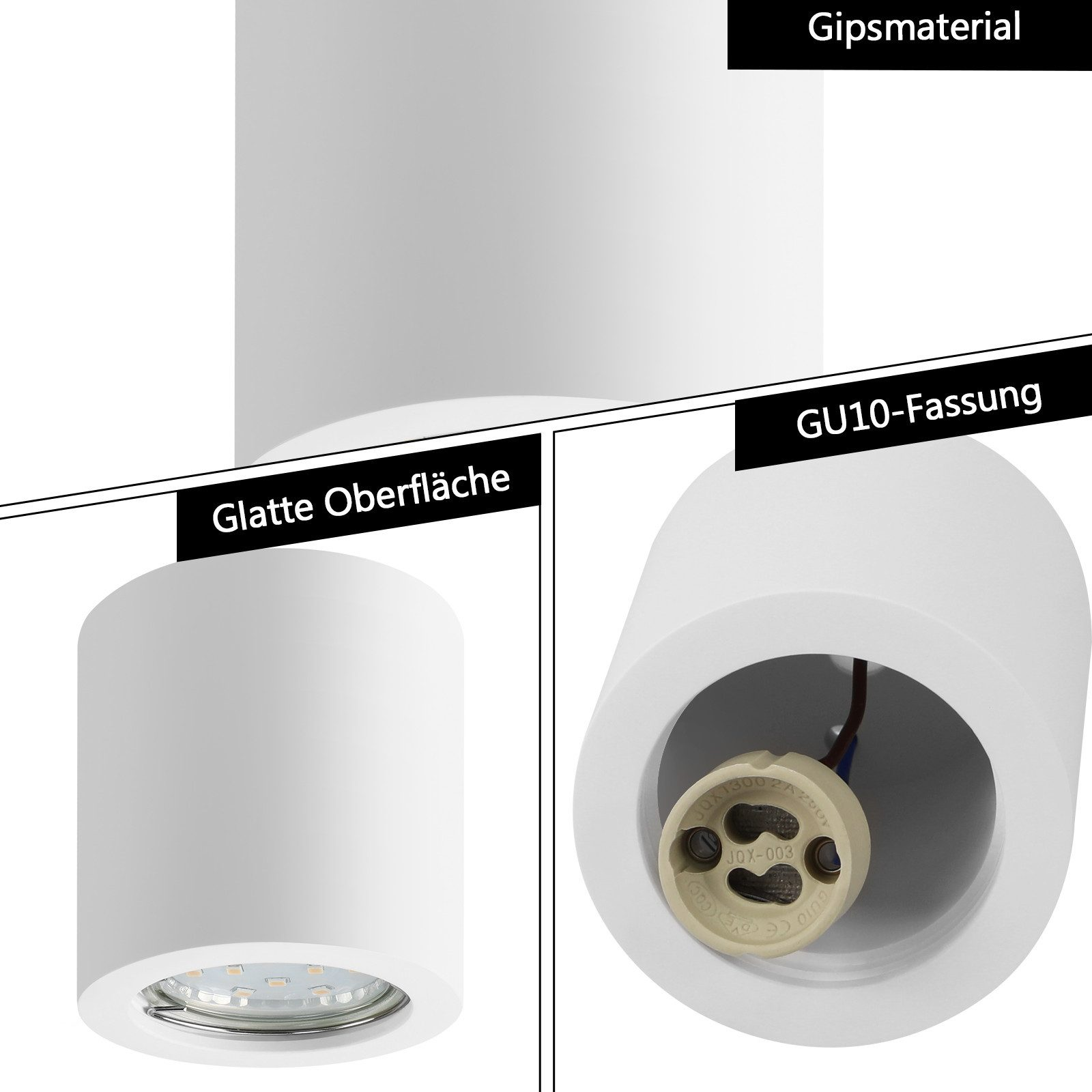 Biała lampa sufitowa, zbliżenie na gniazdo GU10. Teksty: Glatte Oberfläche, Gipsmaterial.