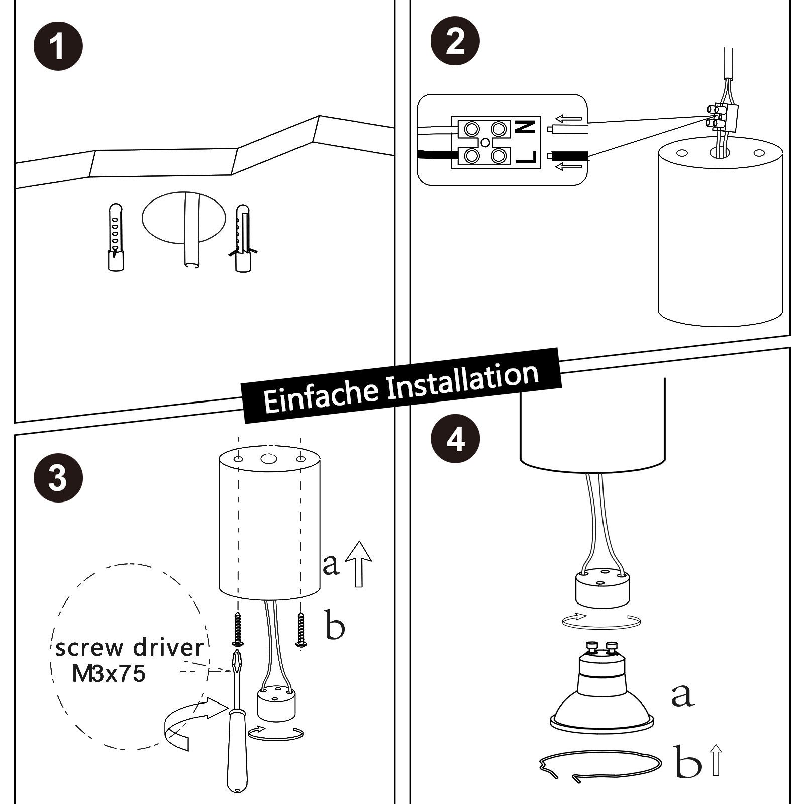 Schemat instalacji lampy sufitowej z krokami, w tym okablowaniem i przykręcaniem podstawy do sufitu.