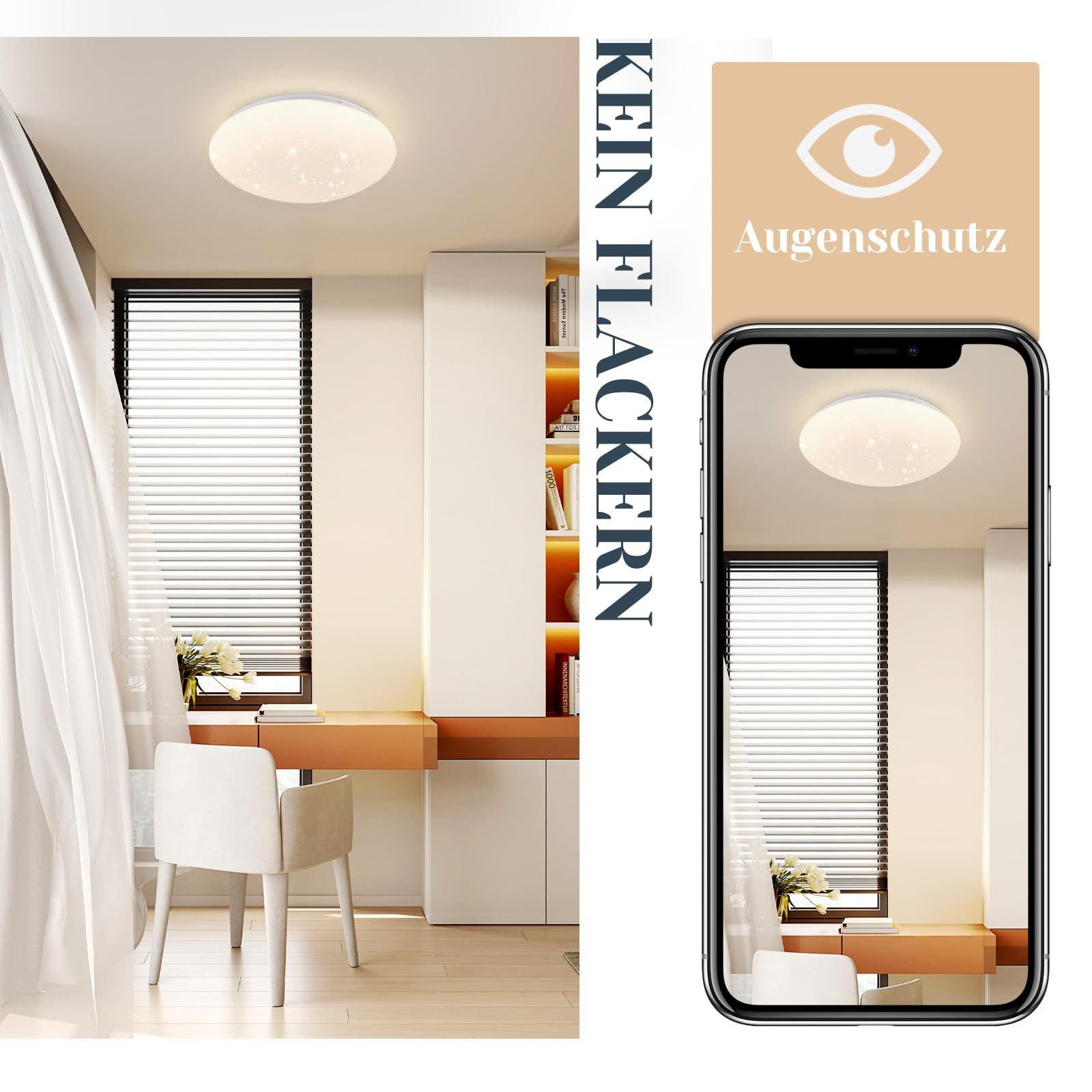 Una stanza con una scrivania, una sedia e una plafoniera. L'immagine mostra anche un telefono con la luce sullo schermo.
