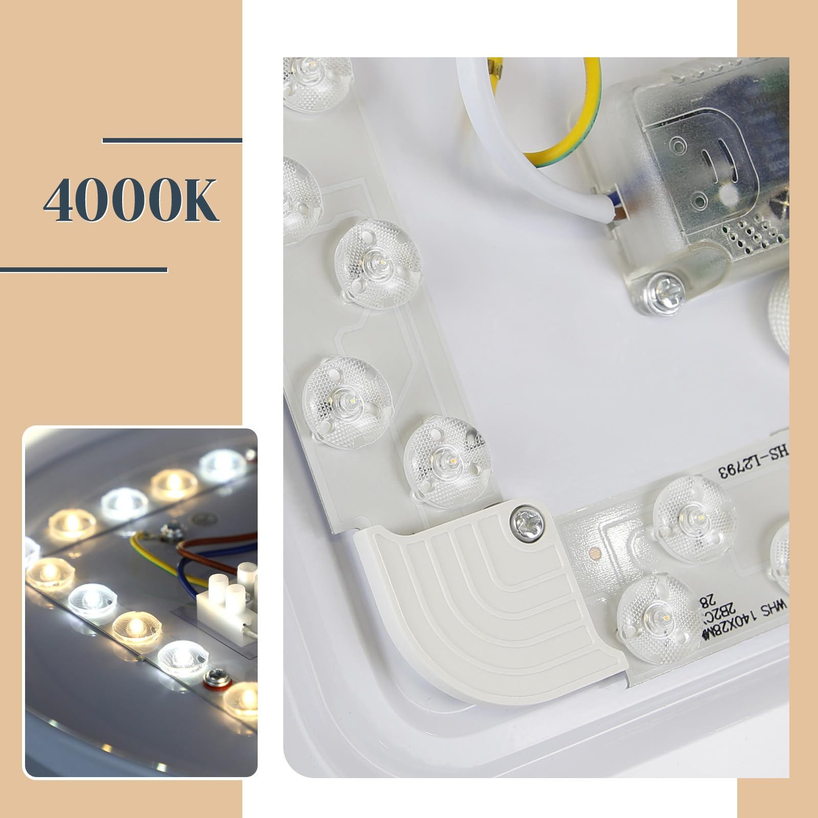 Primo piano dei LED della plafoniera. Mostra la luce bianca e i dettagli dei componenti.