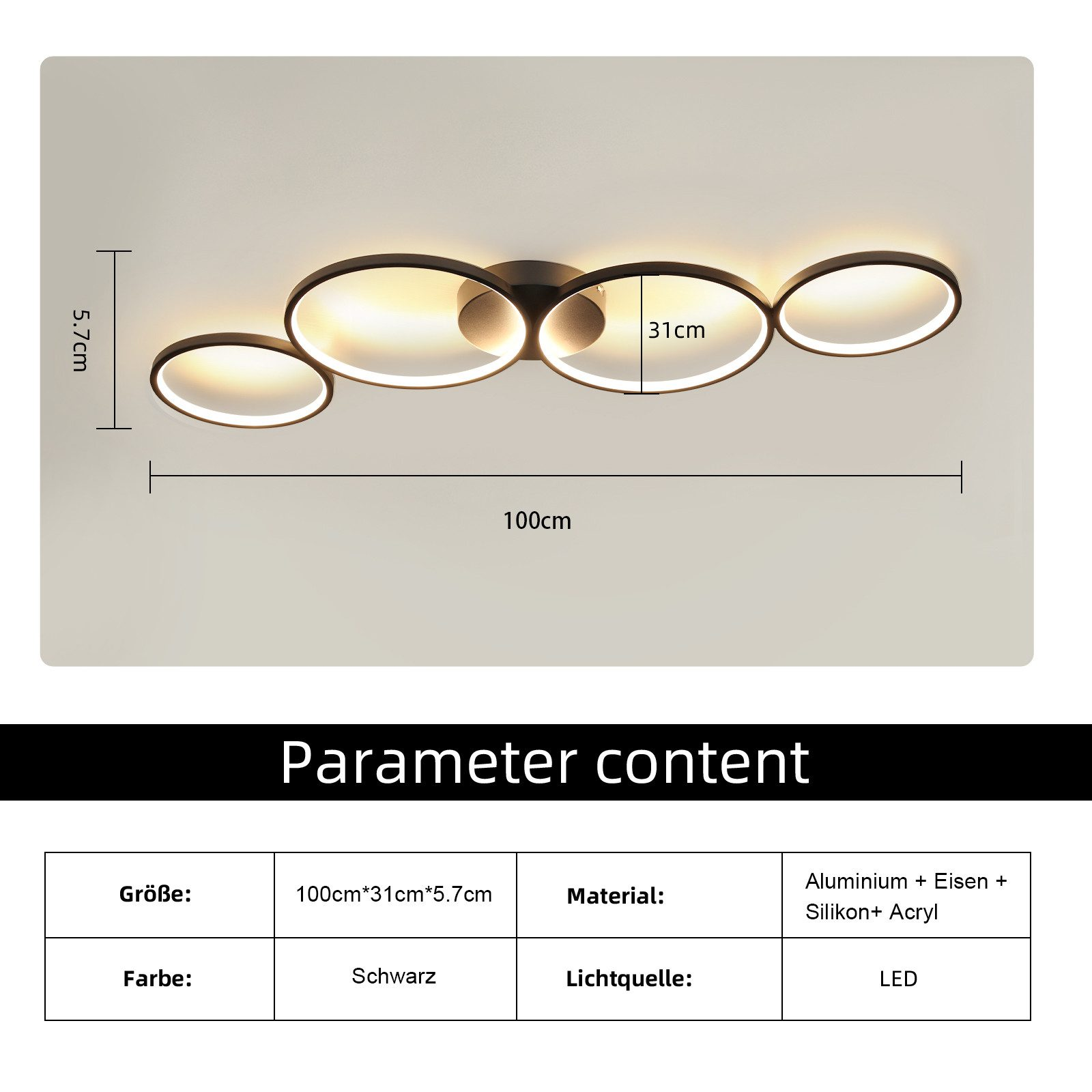 Una luce a soffitto nera con quattro sorgenti luminose circolari. Dimensioni e dettagli dei materiali.