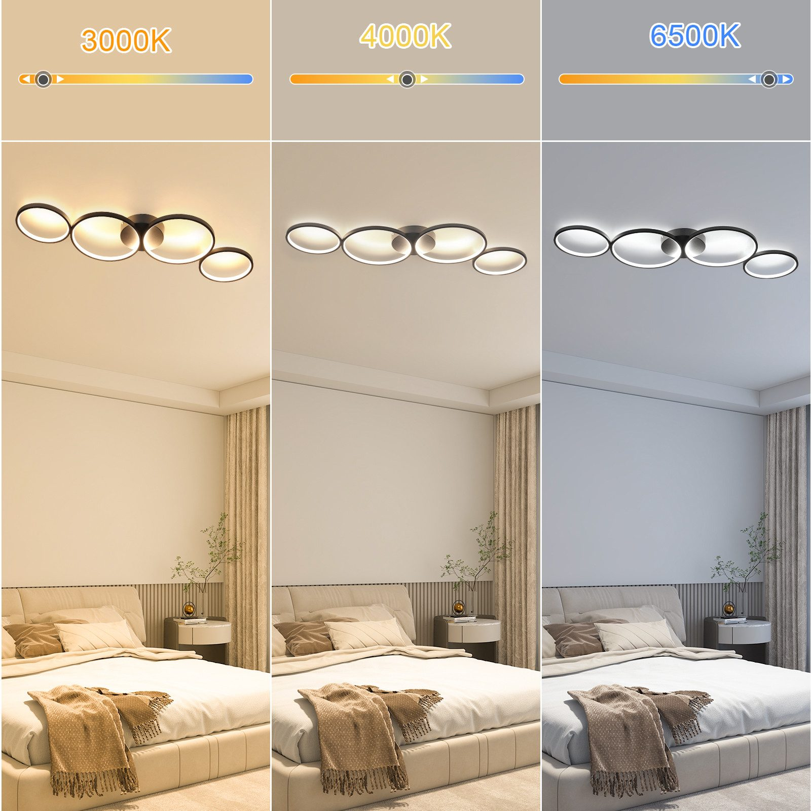 Scena della camera da letto con luci a soffitto impostate su diverse temperature colore: 3000K, 4000K, 6500K.
