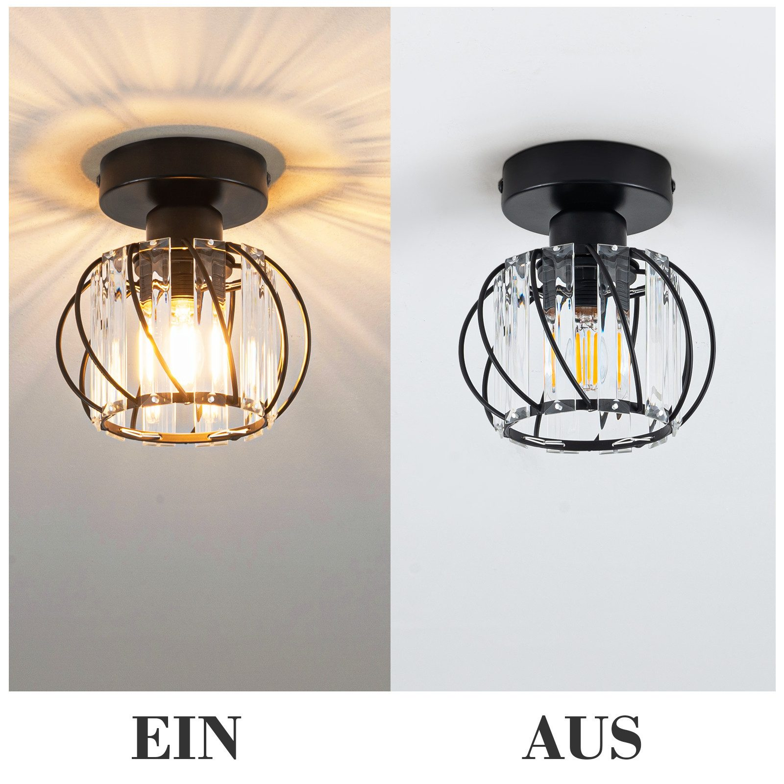 Due viste di una lampada da soffitto nera e in vetro; una accesa, una spenta.