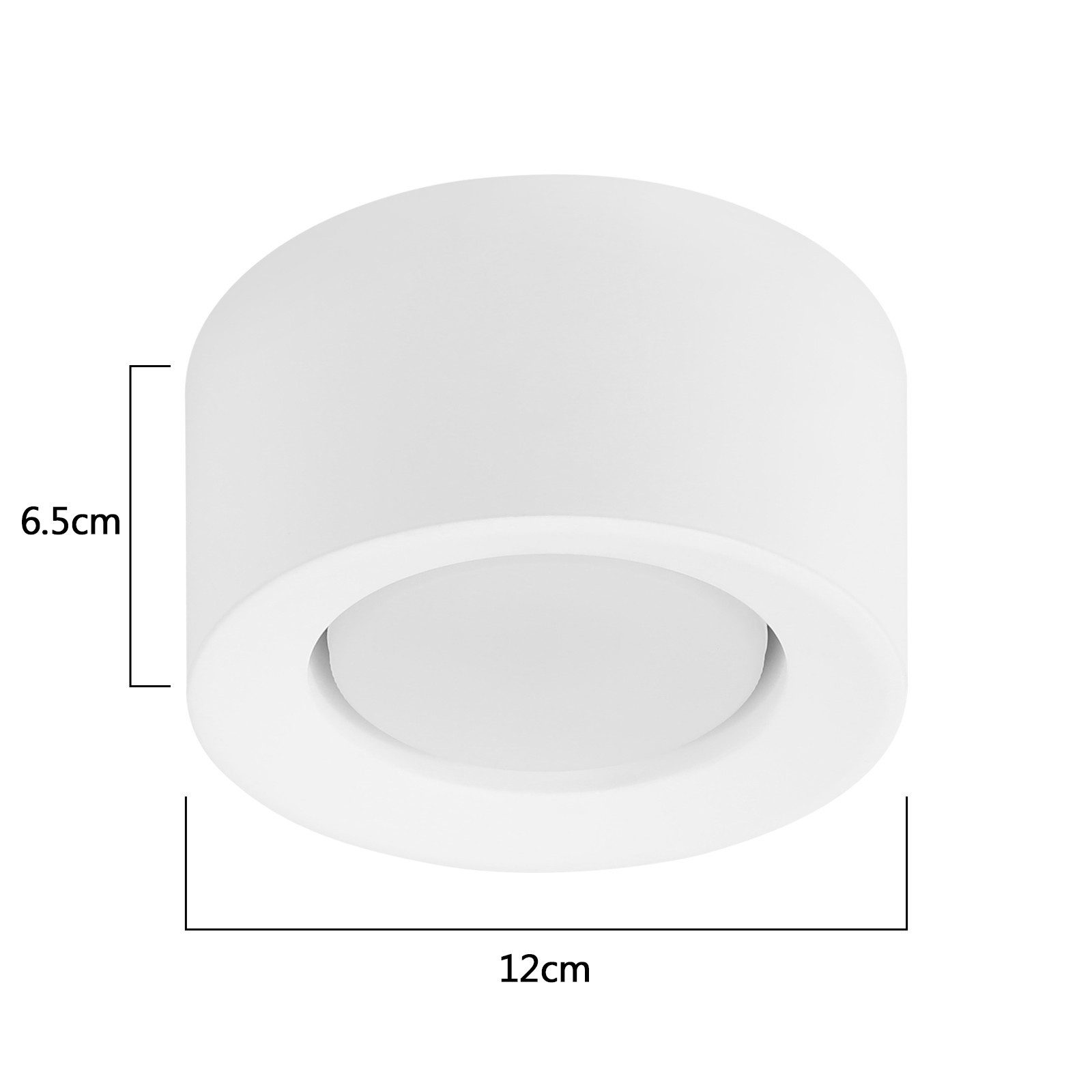 Biała, okrągła lampa sufitowa o wymiarach: średnica 12 cm, wysokość 6,5 cm. To lampa wpuszczana.
