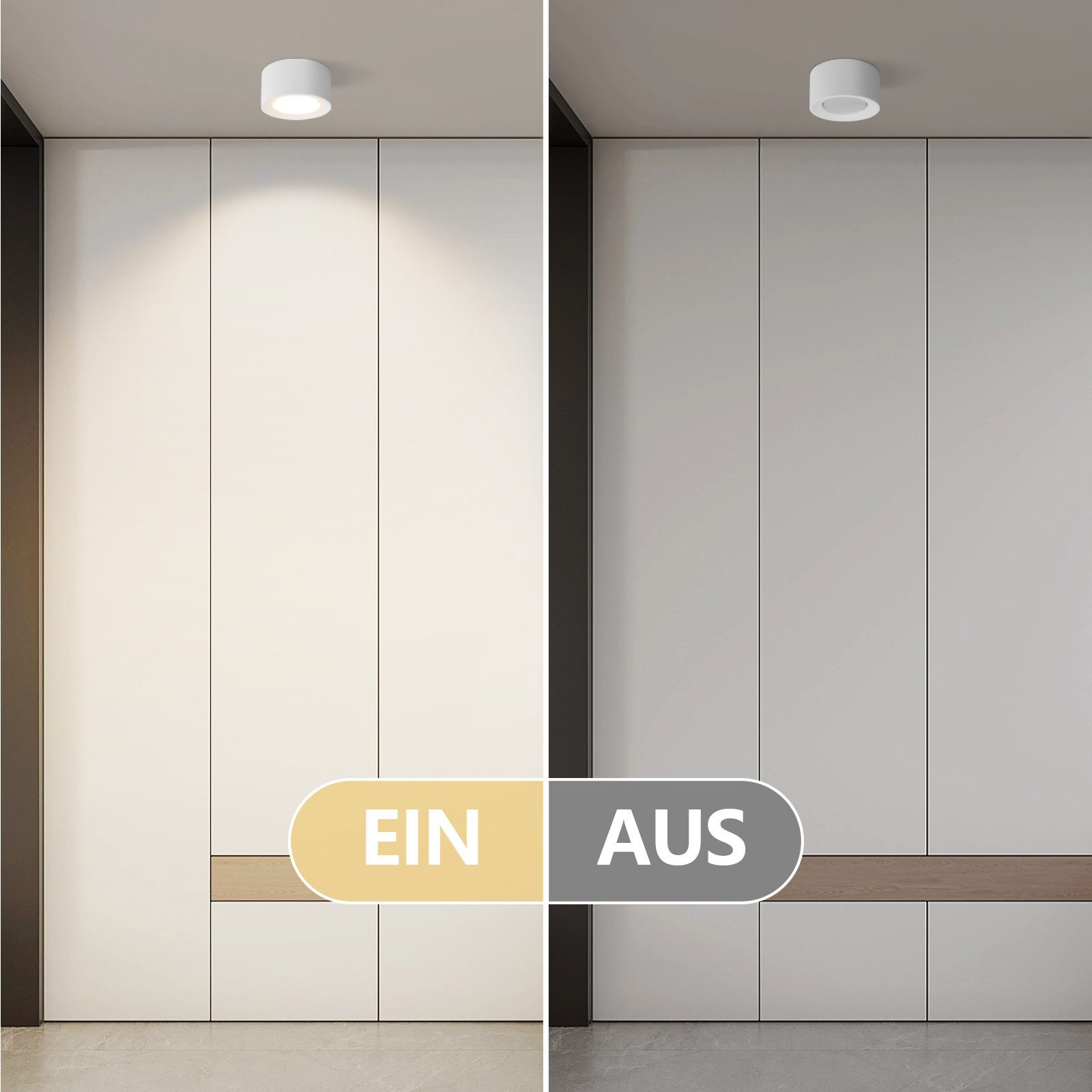 Dwa obrazy pokoju z lampą sufitową. Jeden włączony, drugi wyłączony. Białe ściany i drewniane akcenty.