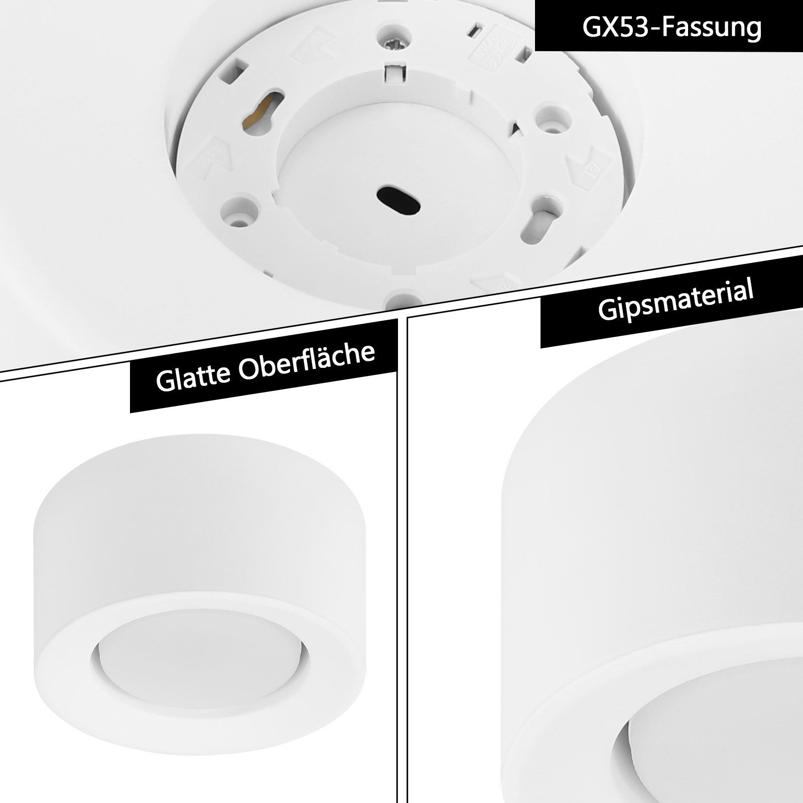 Białe elementy oświetlenia sufitowego, w tym podstawa i osobna lampa. Szczegóły z bliska.