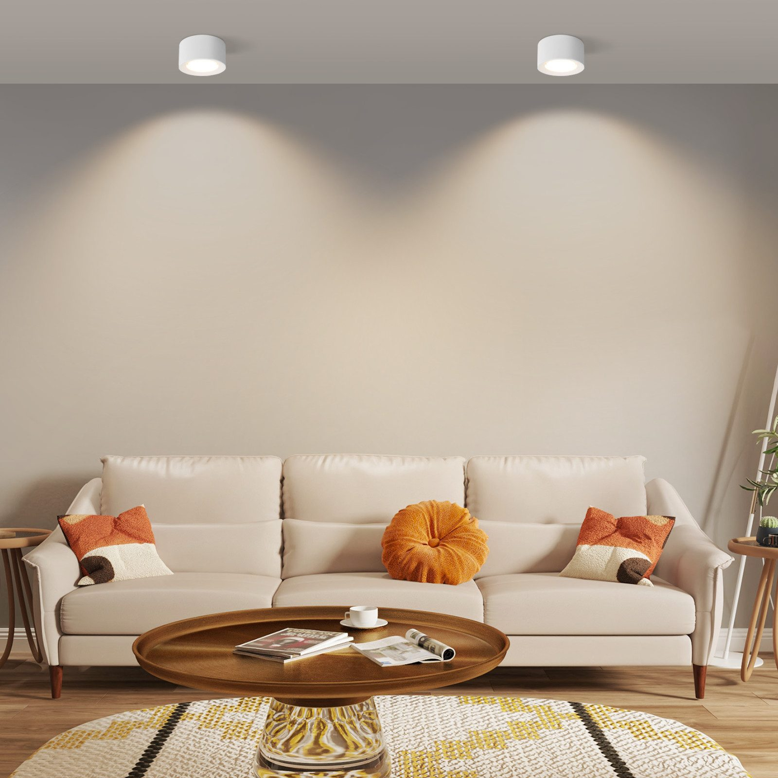 Salon z sofą, poduszkami i stolikiem kawowym. Widoczne są dwa światła sufitowe.