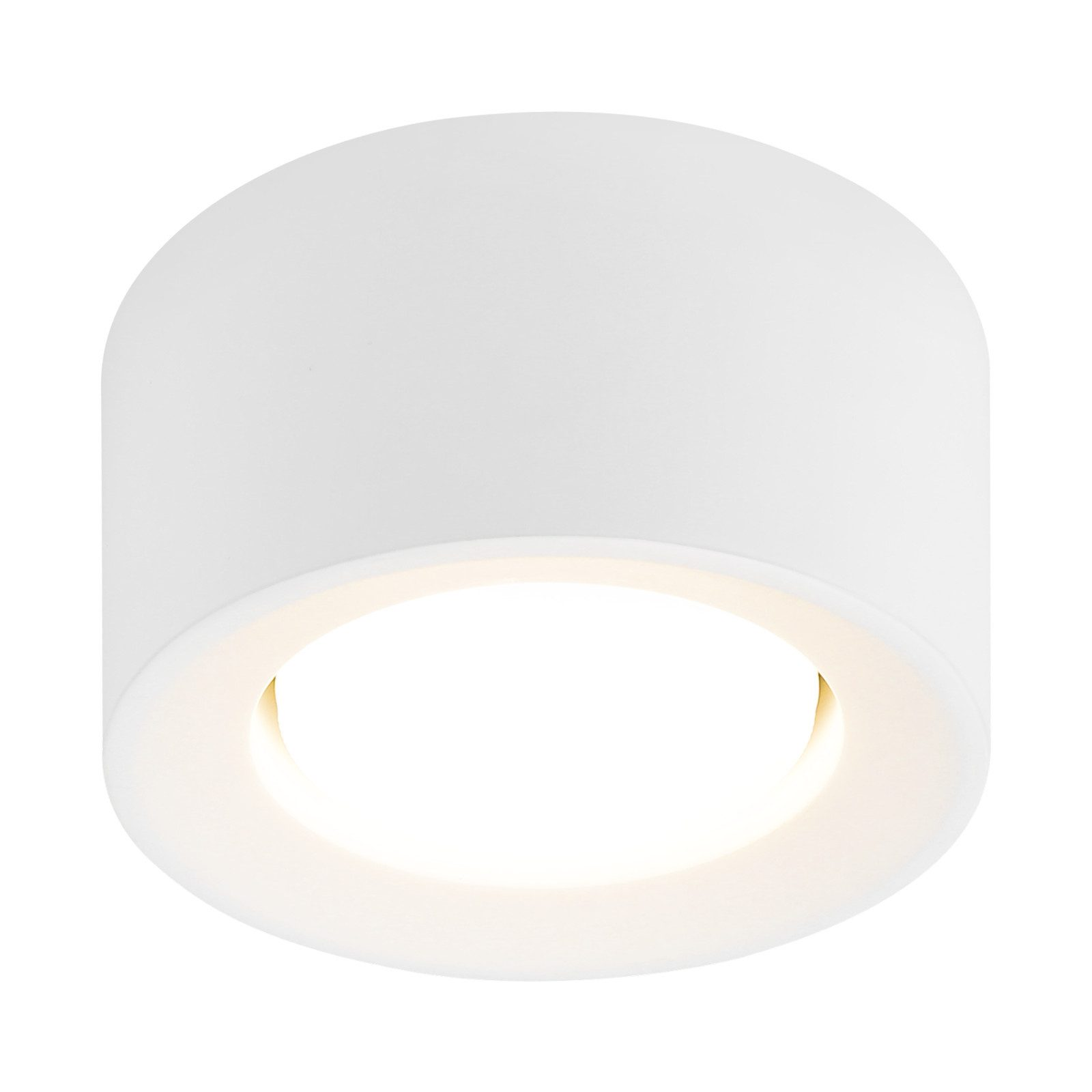 Una plafoniera rotonda bianca con un'apertura luminosa e illuminata.
