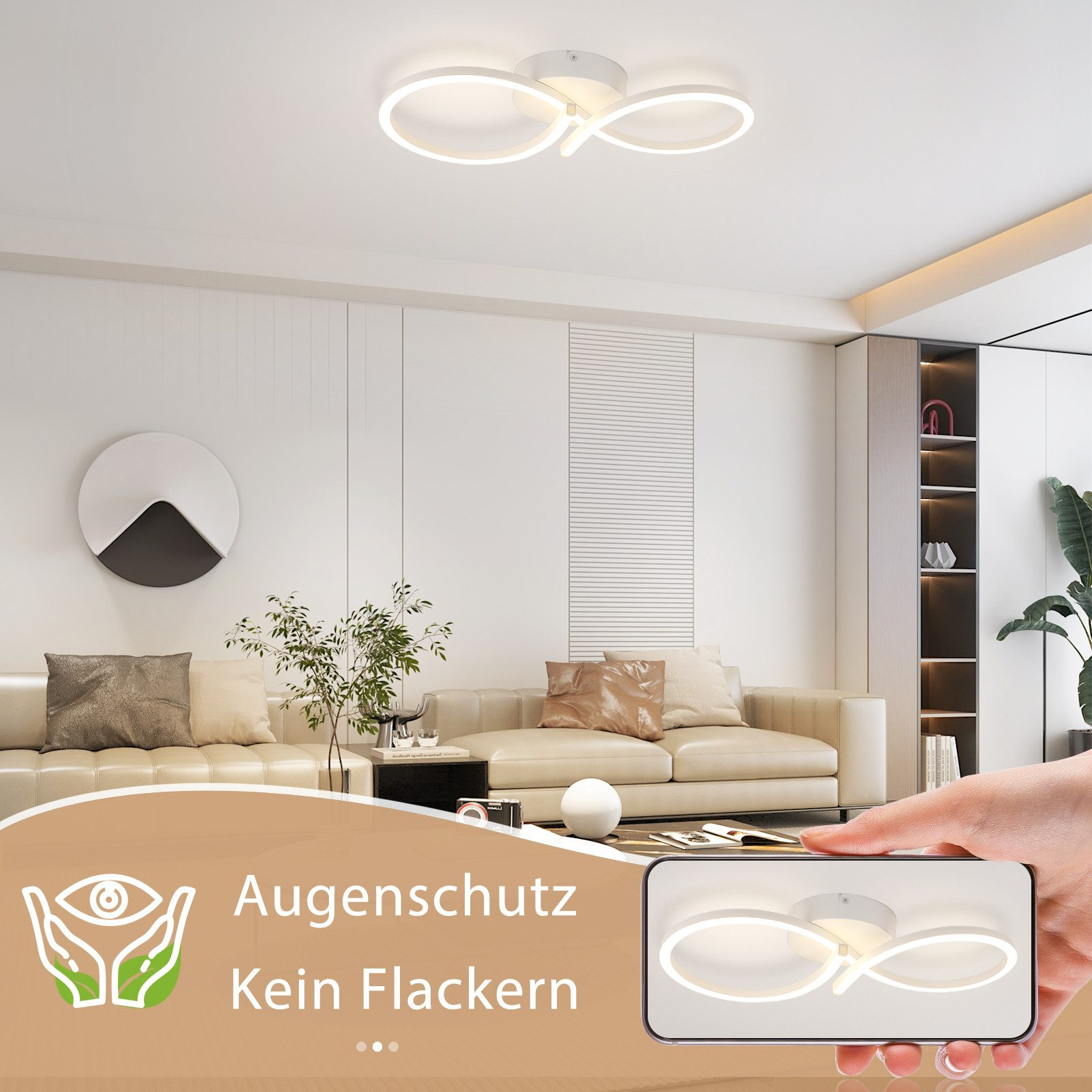 Una mano che tiene un telefono con lampade da soffitto. Il testo dice Augenschutz e Kein Flackern. Lo sfondo è un soggiorno.