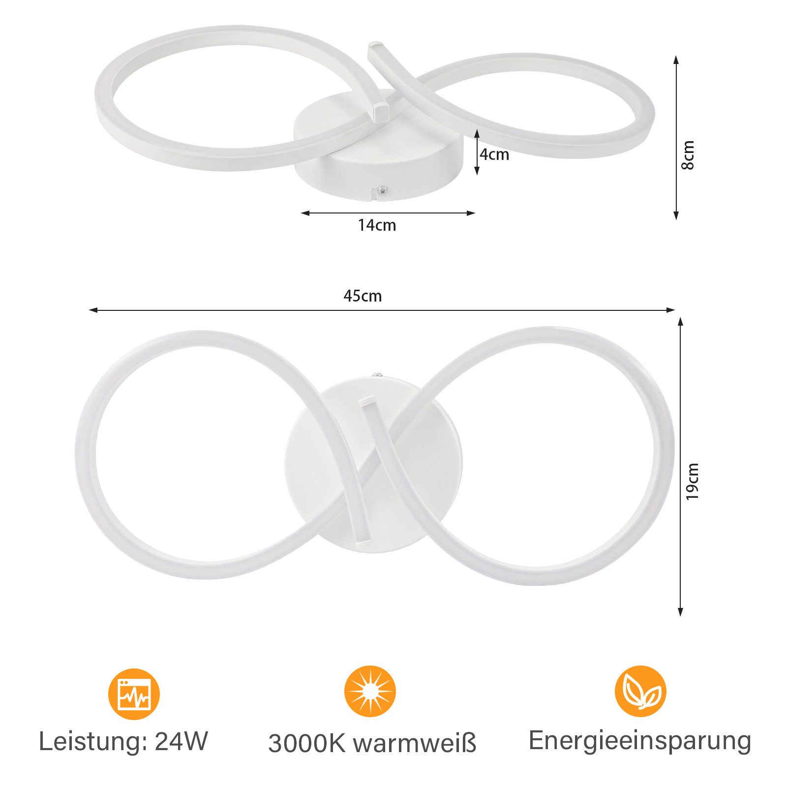 Lampada da soffitto a LED bianca con dimensioni ed etichette. Due tubi luminosi.