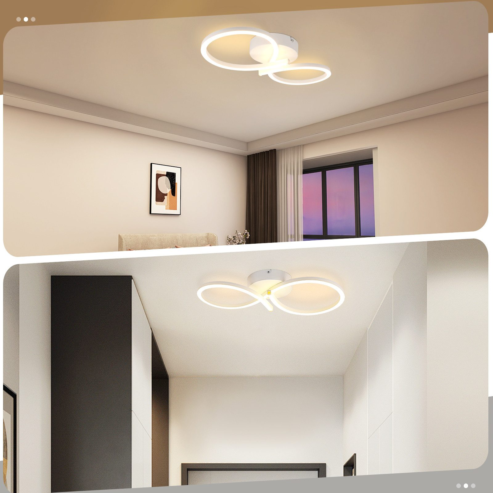 Due immagini di luci a soffitto bianche e moderne in una stanza e in un corridoio, entrambi con una calda luce.