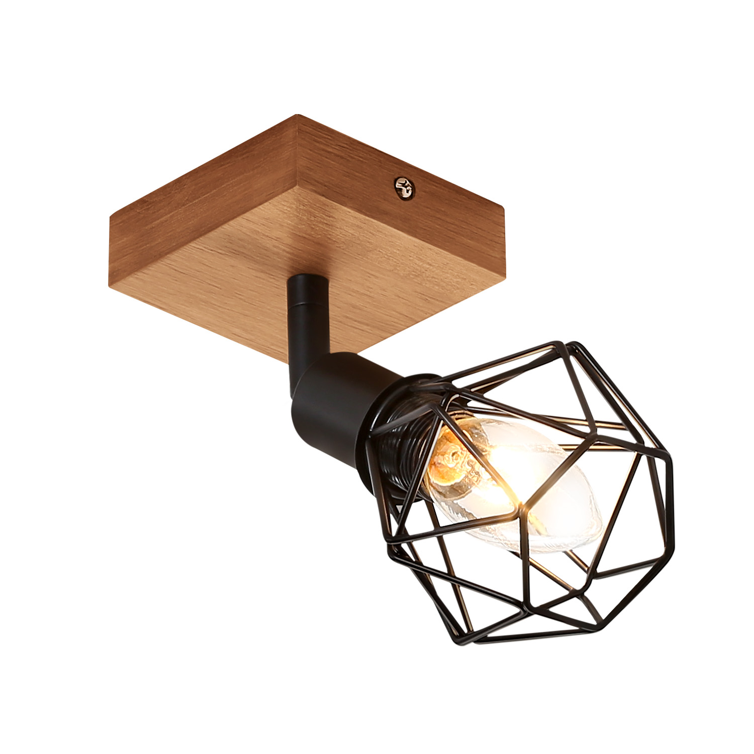 Lampada a gabbia metallica nera con base in legno. La luce è accesa.