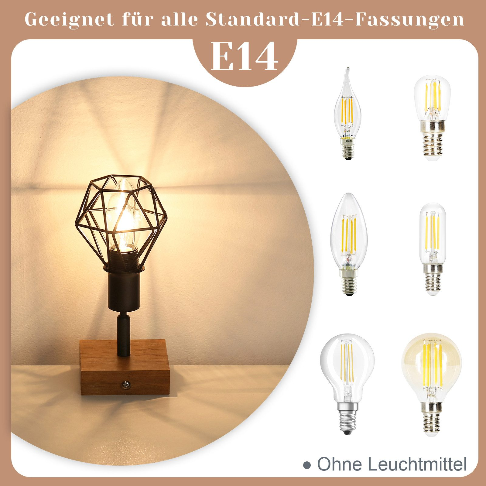 Una lampada con paralume geometrico nero, base in legno e varie lampadine E14.