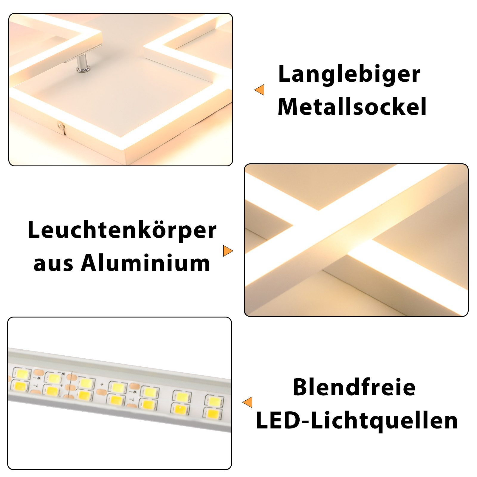 Primo piano di un lampada da soffitto bianca con luci a LED e base in metallo.