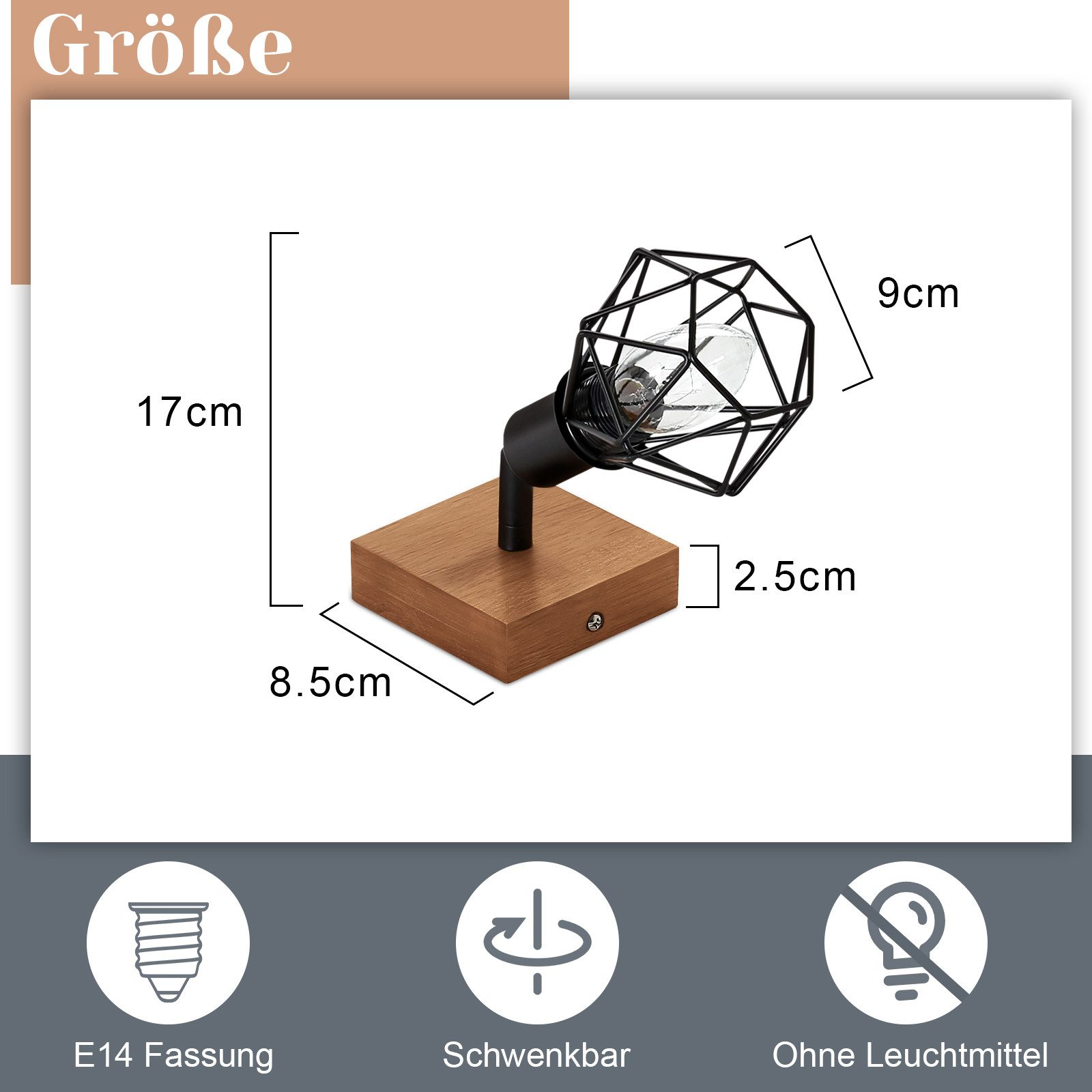 Lampada in stile industriale nera e color legno con dimensioni e attacco E14.