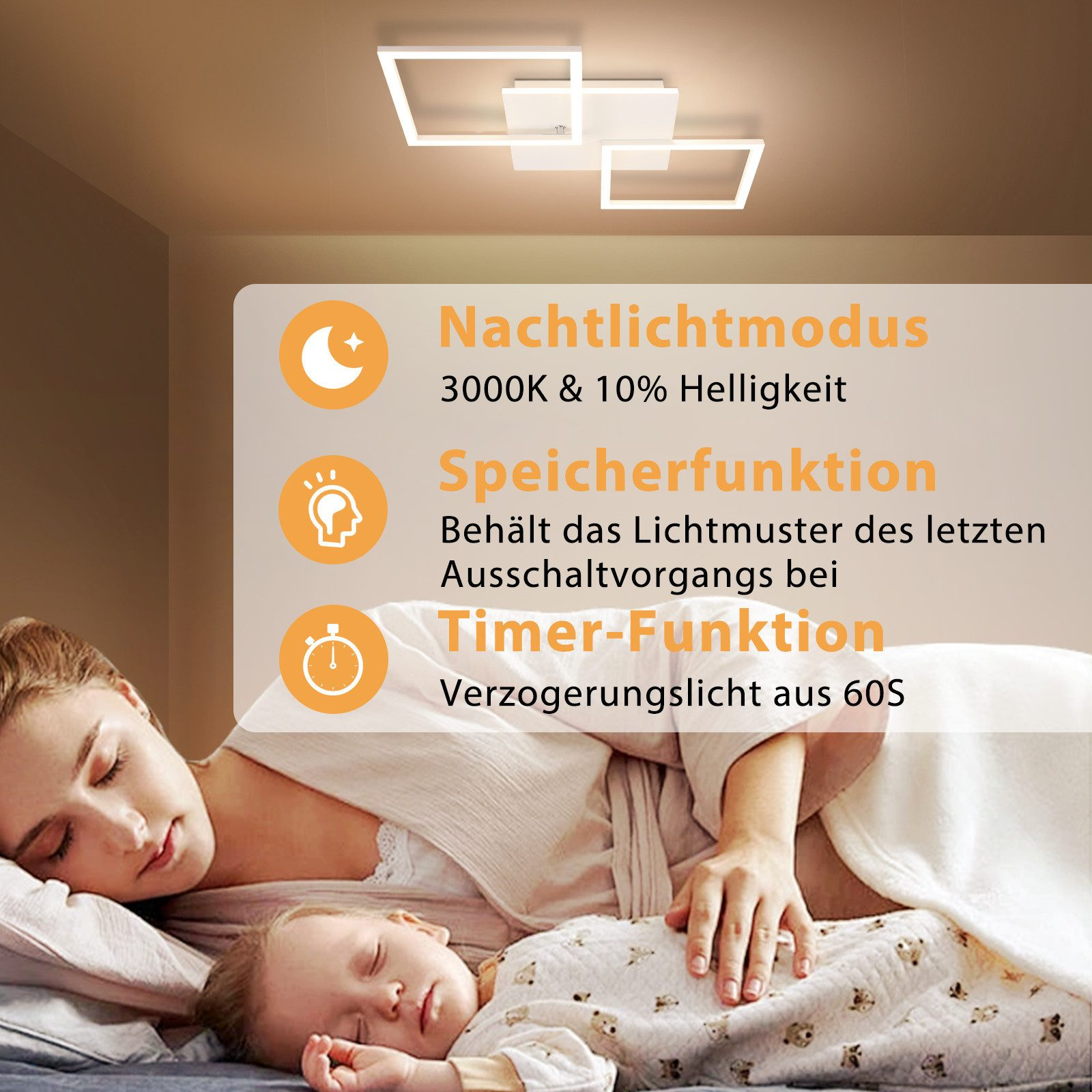 Donna e bambino che dormono sotto un'apparecchio di illuminazione a soffitto.