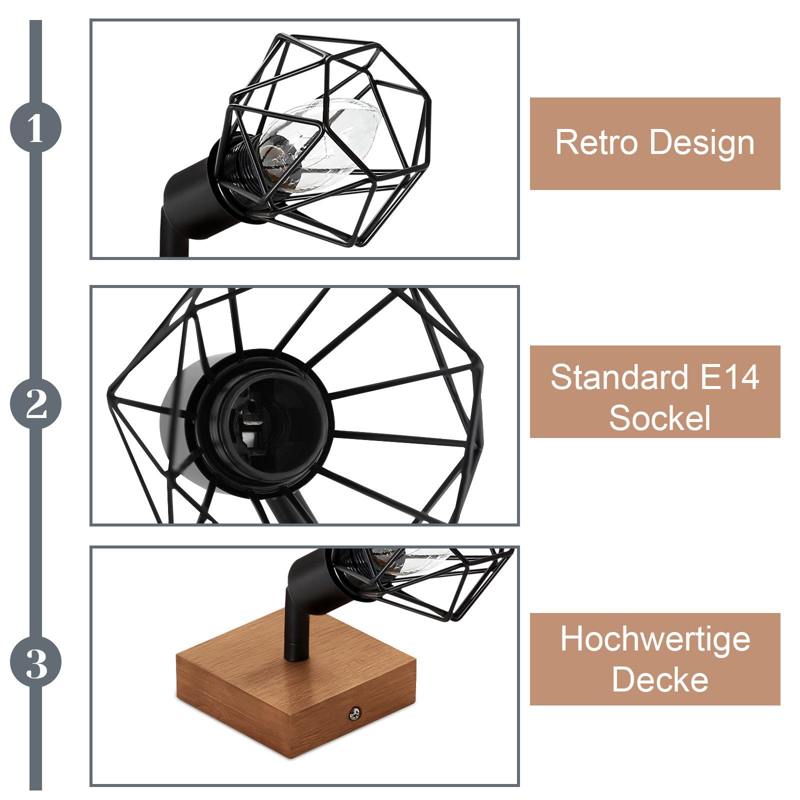Primo piano di una lampada in metallo nero con lampadina, design retrò e base in legno.