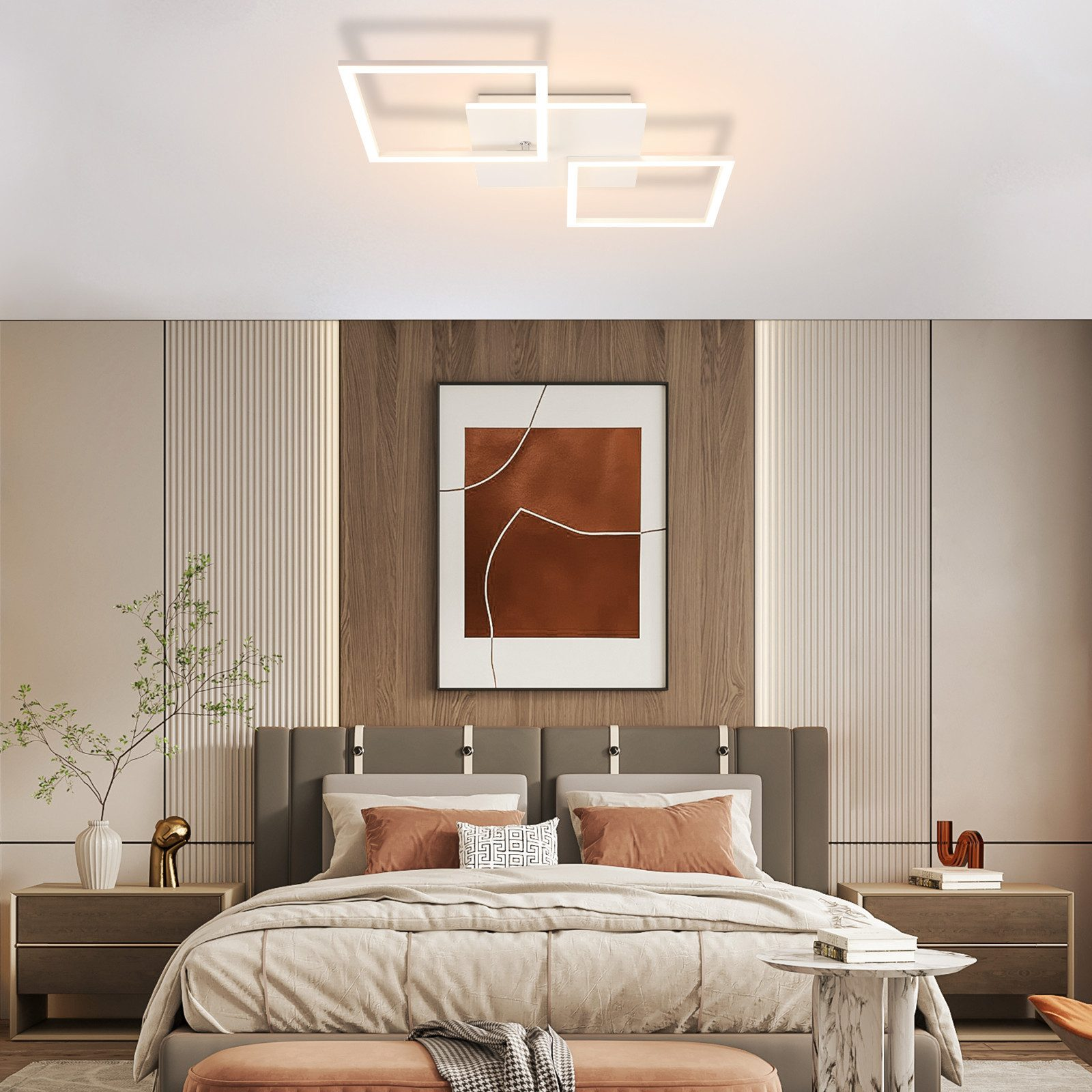 Una camera da letto con una moderna lampada da soffitto bianca, un letto e un grande quadro.