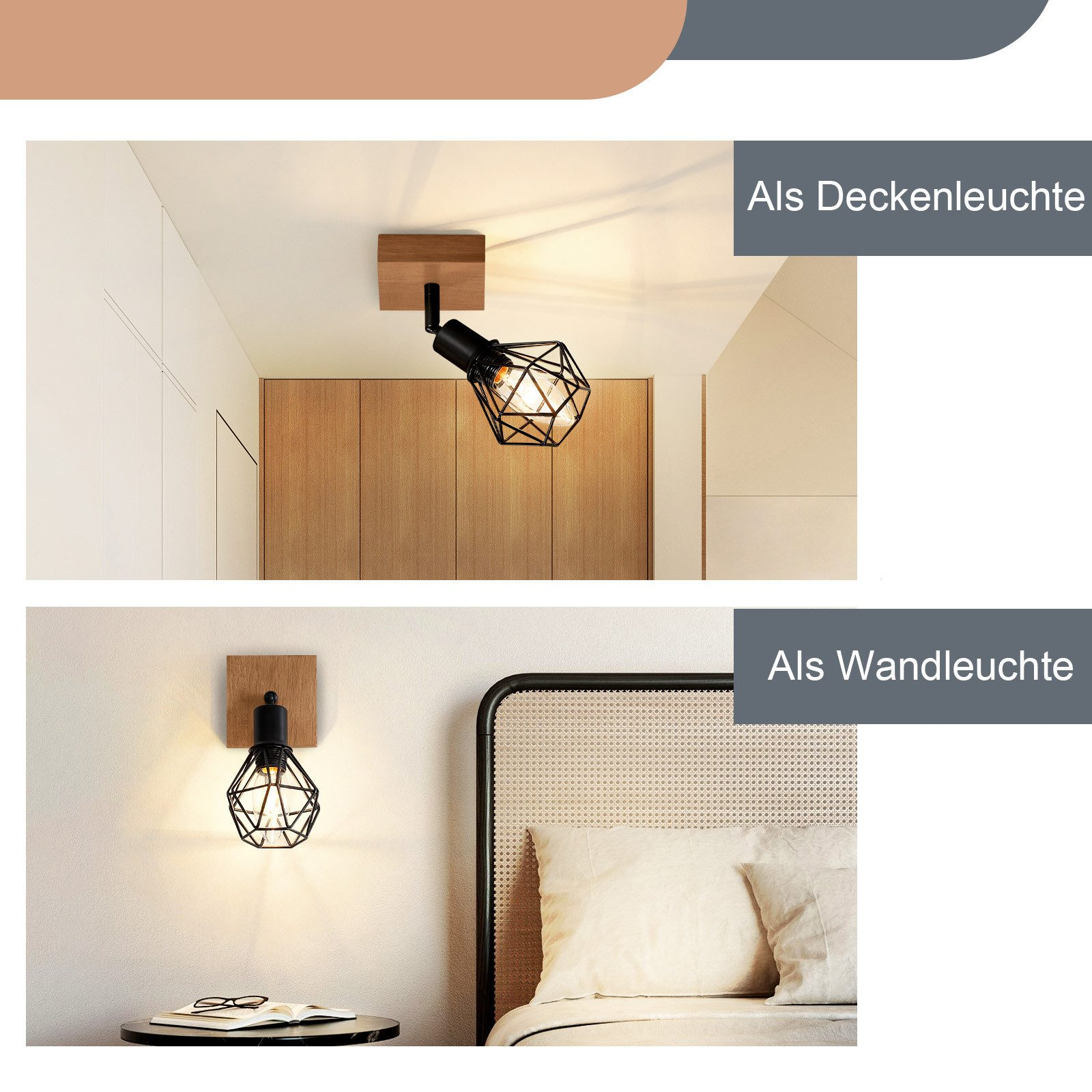 Due immagini di lampade nere. Una come lampada da soffitto, un'altra come lampada da parete su un pannello di legno.