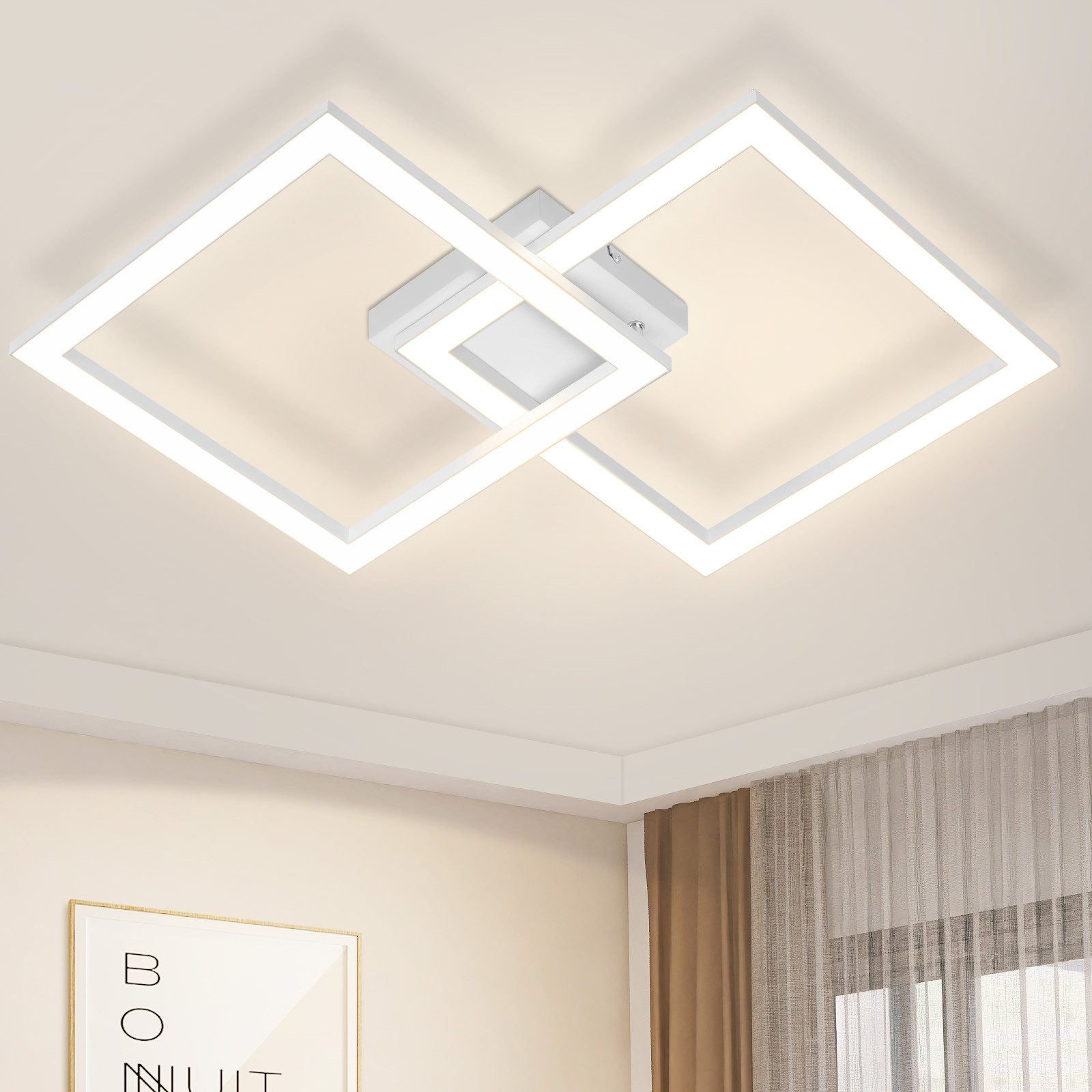 Biała geometryczna lampa sufitowa o nowoczesnym designie, na neutralnym kolorze sufitu.