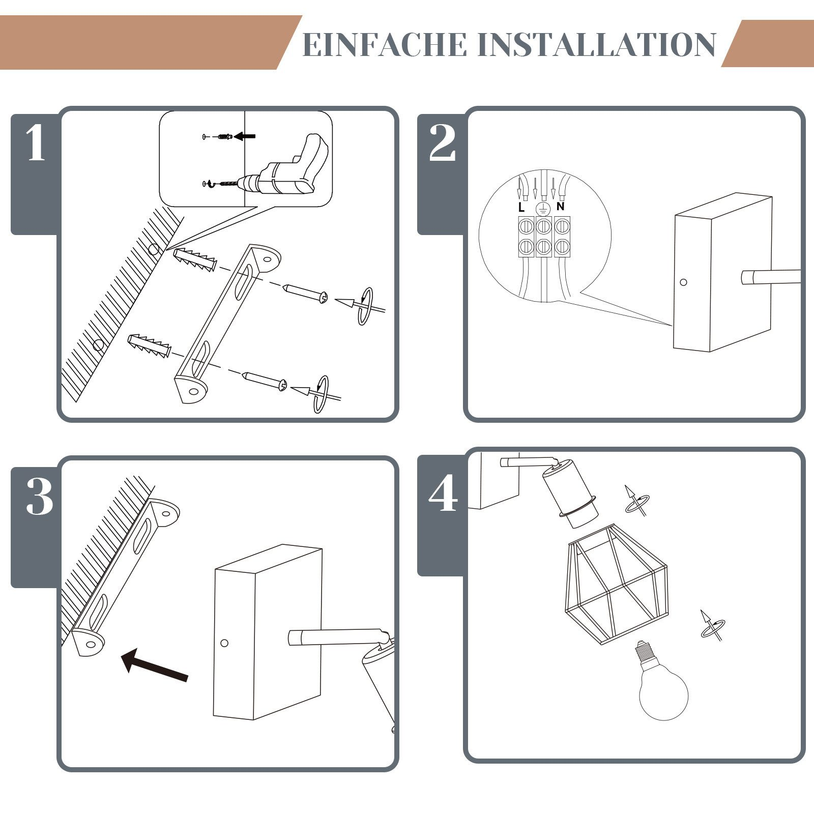 Fasi di installazione di un apparecchio di illuminazione. I diagrammi mostrano viti, cablaggio e istruzioni di montaggio.