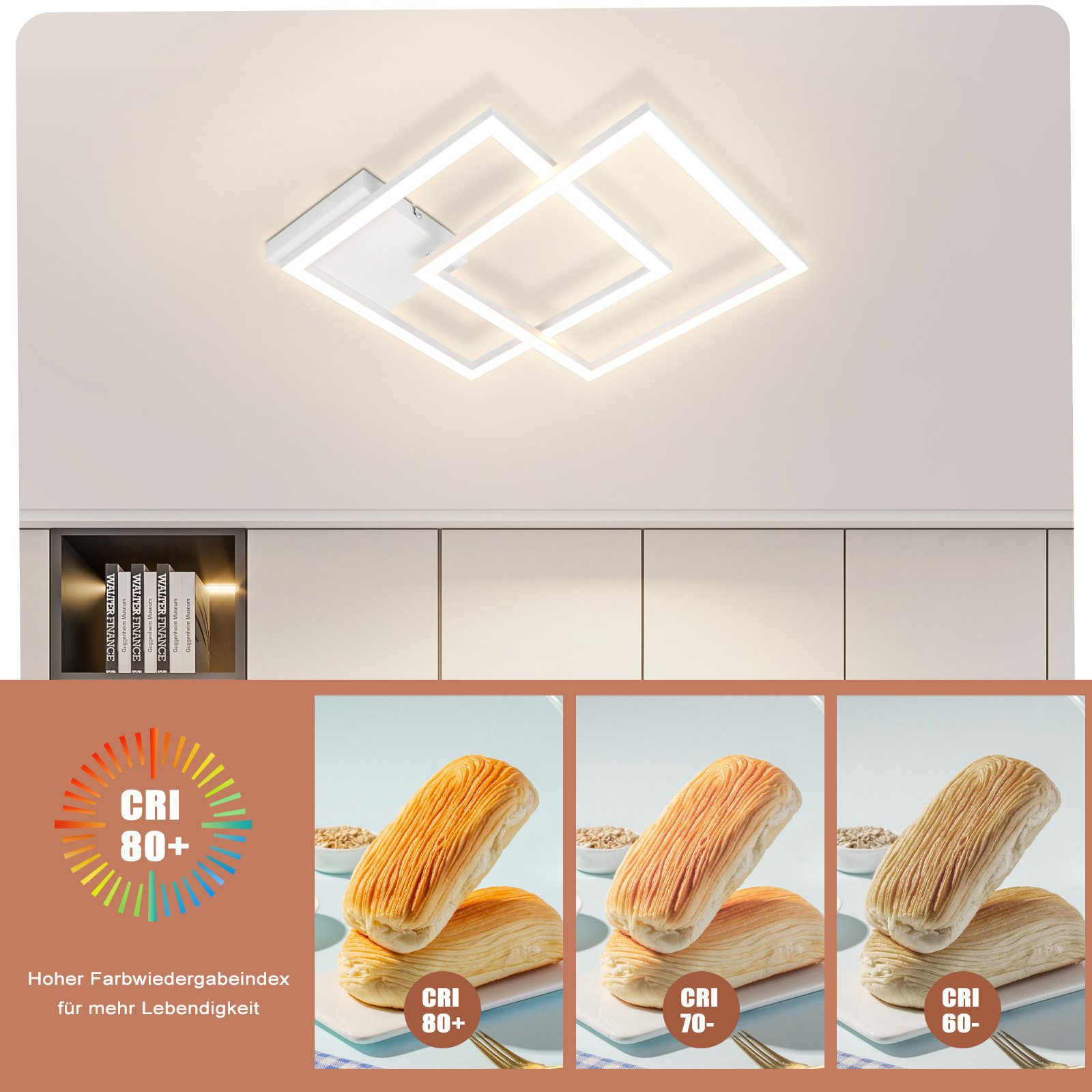 Kwadratowa lampa sufitowa ze skalą CRI i trzema zdjęciami ciastek pod różnym oświetleniem.
