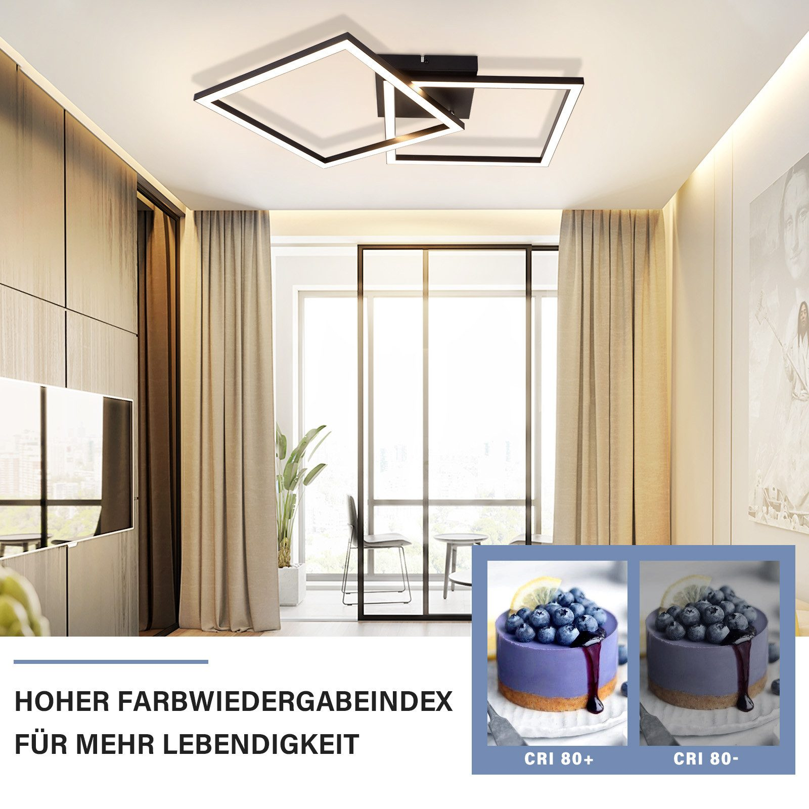 Lampada da soffitto con pannelli quadrati e torte. Testo: Indice di resa cromatica più elevato per più vivacità.