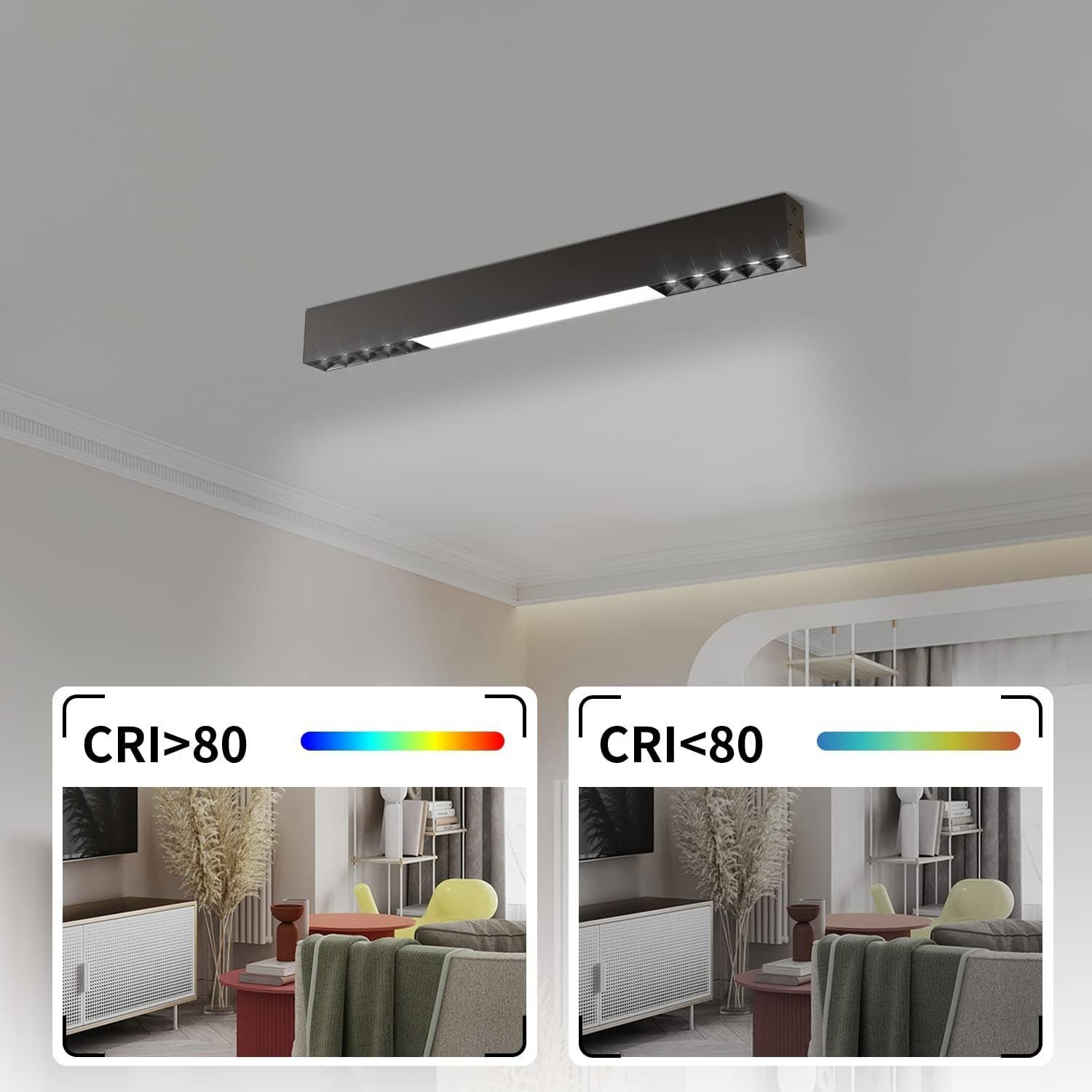 Due immagini che mostrano il valore CRI di una plafoniera. Una mostra CRI<gt/>80, l'altra CRI<lt/>80. Soffitto bianco.