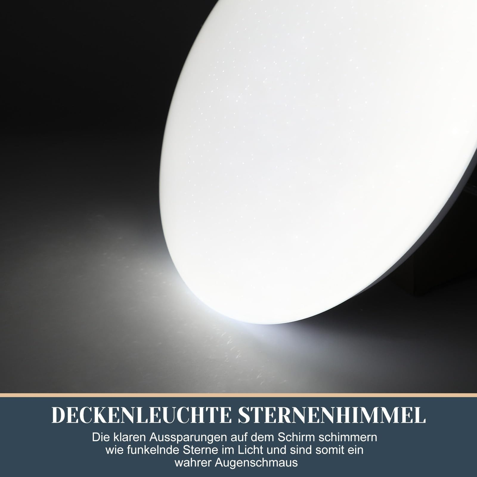 Una lampada da soffitto bianca e illuminata con testo in basso, effetto luce stellare.