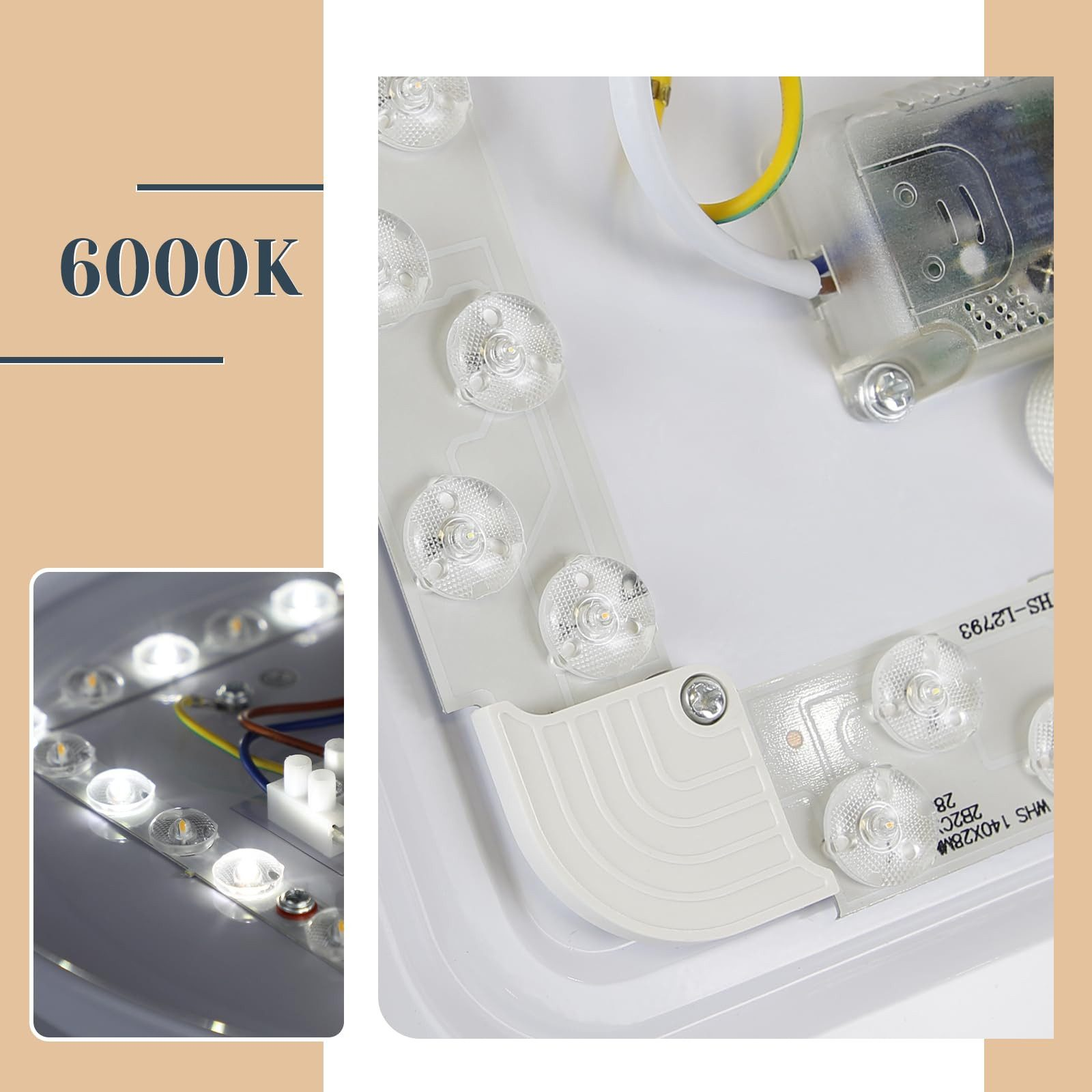 Primo piano di un pannello luminoso a LED bianco con LED visibili e cablaggio interno.