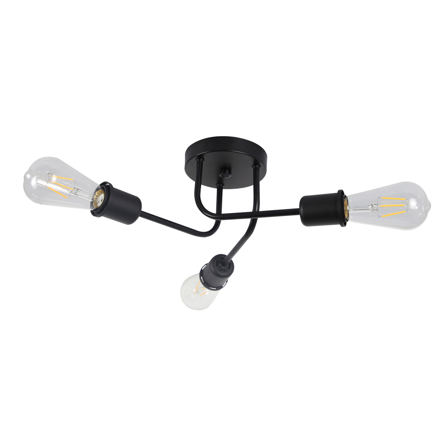 Lampada da soffitto nera con tre lampadine a vista e sfondo bianco.