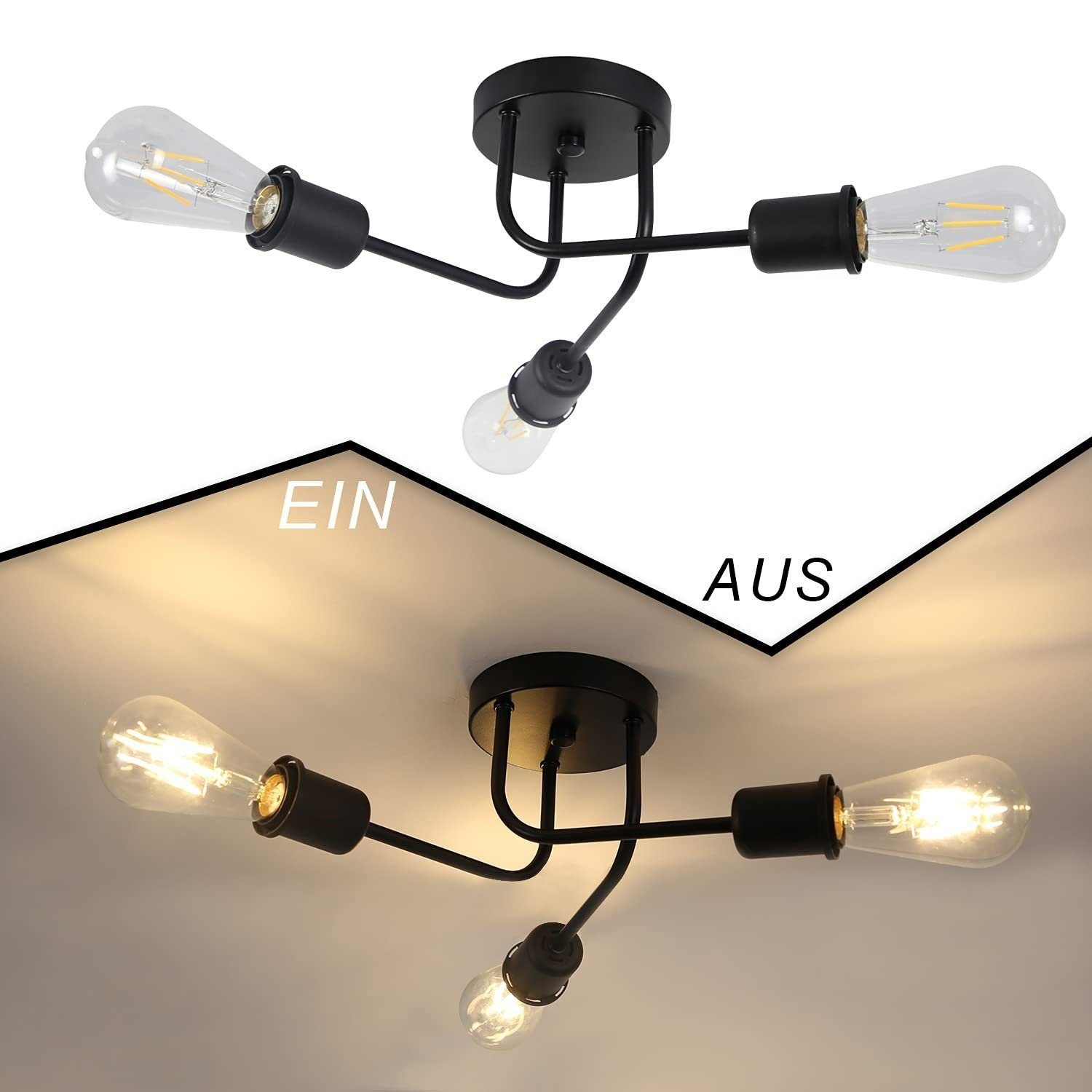 Due viste di una plafoniera nera con lampadine Edison. Una accesa, una spenta.