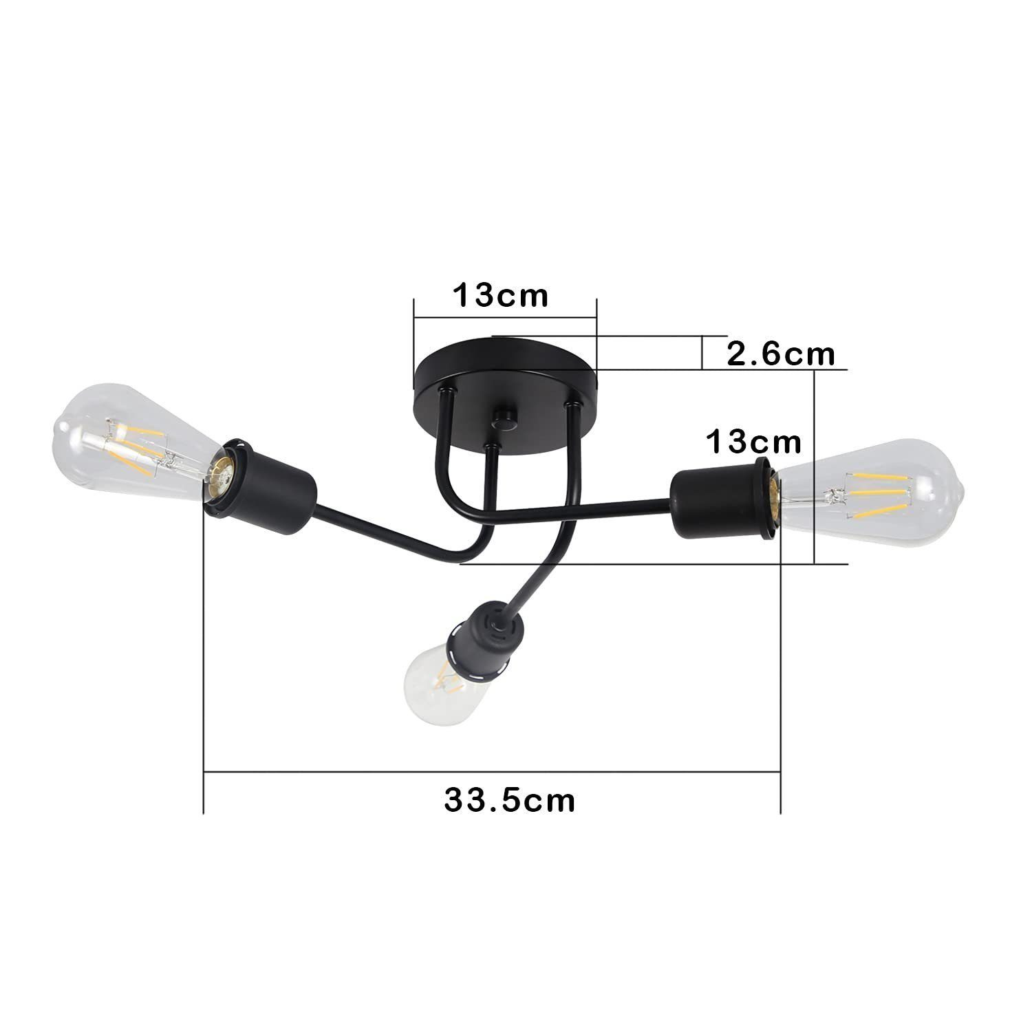 Lampada da soffitto nera a tre luci con misure. Due lampadine accese.