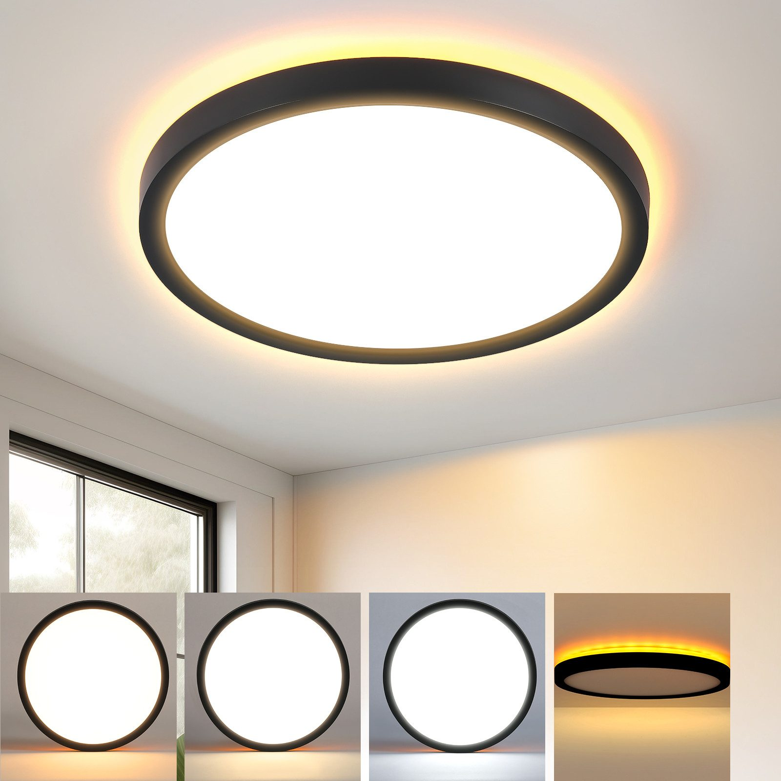 Plafoniera rotonda, bordo nero, centro bianco. La luce è accesa, con un alone giallastro.