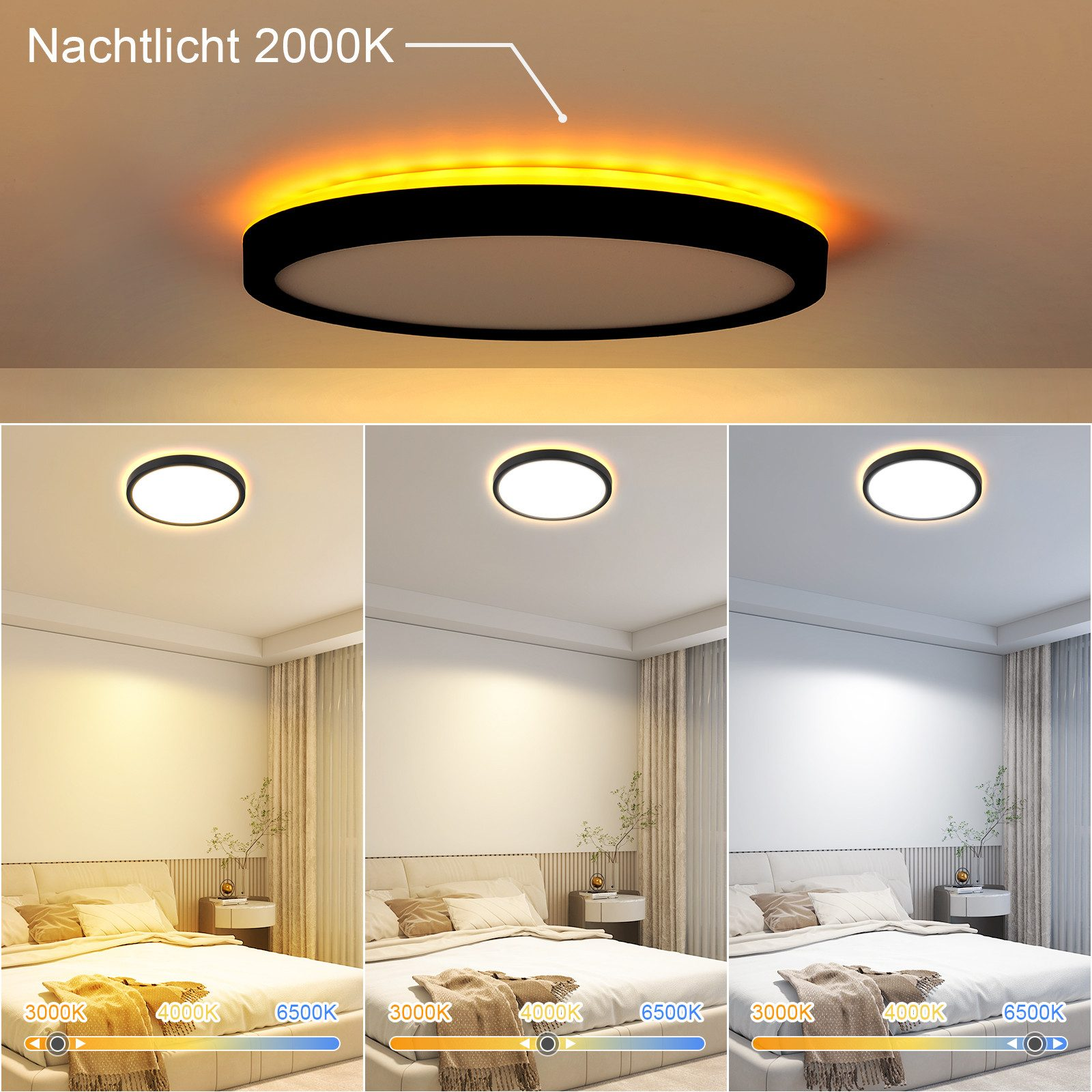 Lampada da soffitto con diverse impostazioni di colore. Tre scene con varie temperature di luce in una camera da letto.