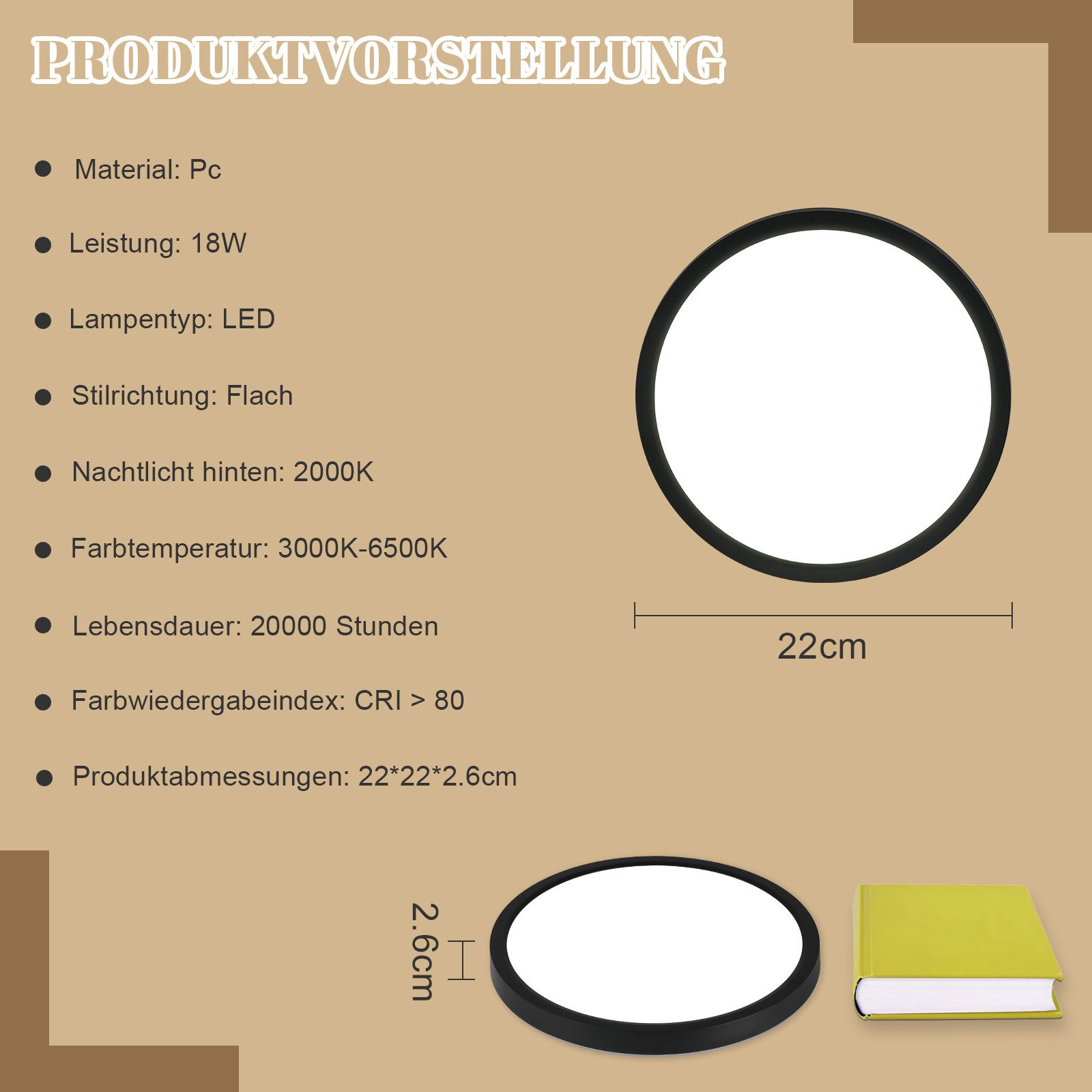 Apparecchio di illuminazione a LED circolare con specifiche e dimensioni del prodotto su sfondo neutro.