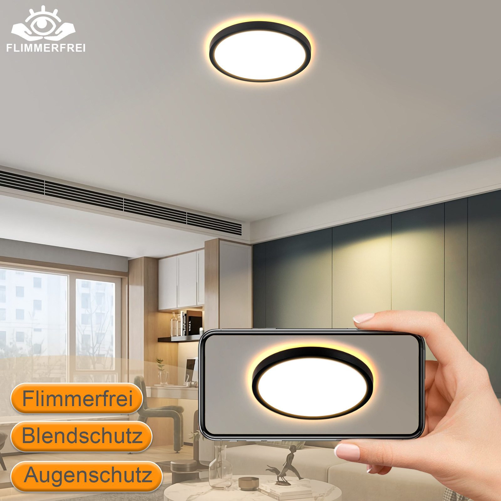 Una plafoniera viene visualizzata sullo schermo di un telefono. Etichette di testo sono sul lato.