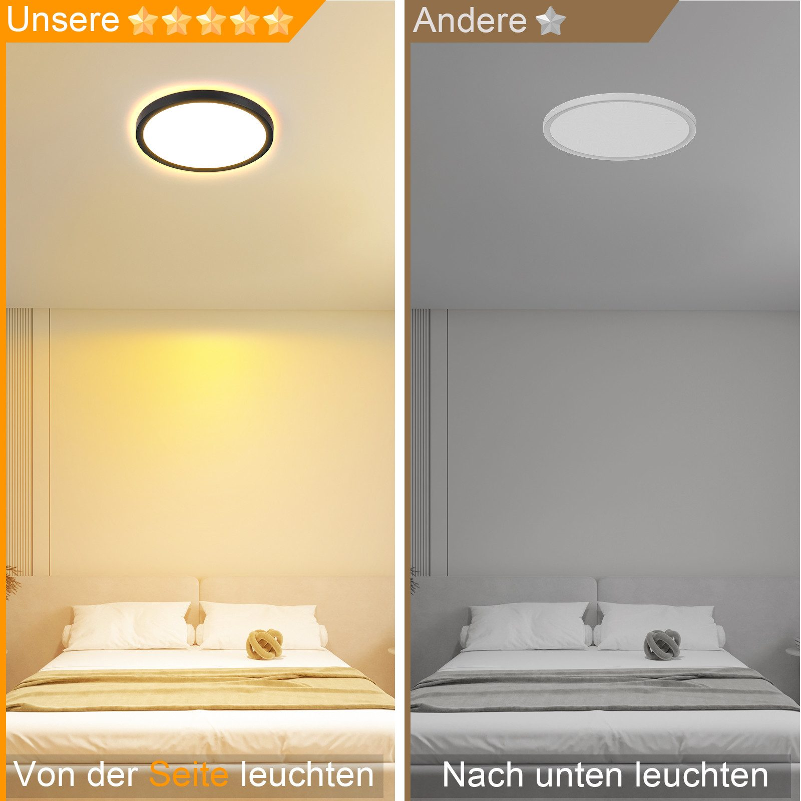 Confronto di luci a soffitto, luce gialla vs. luce grigia, in una camera da letto.
