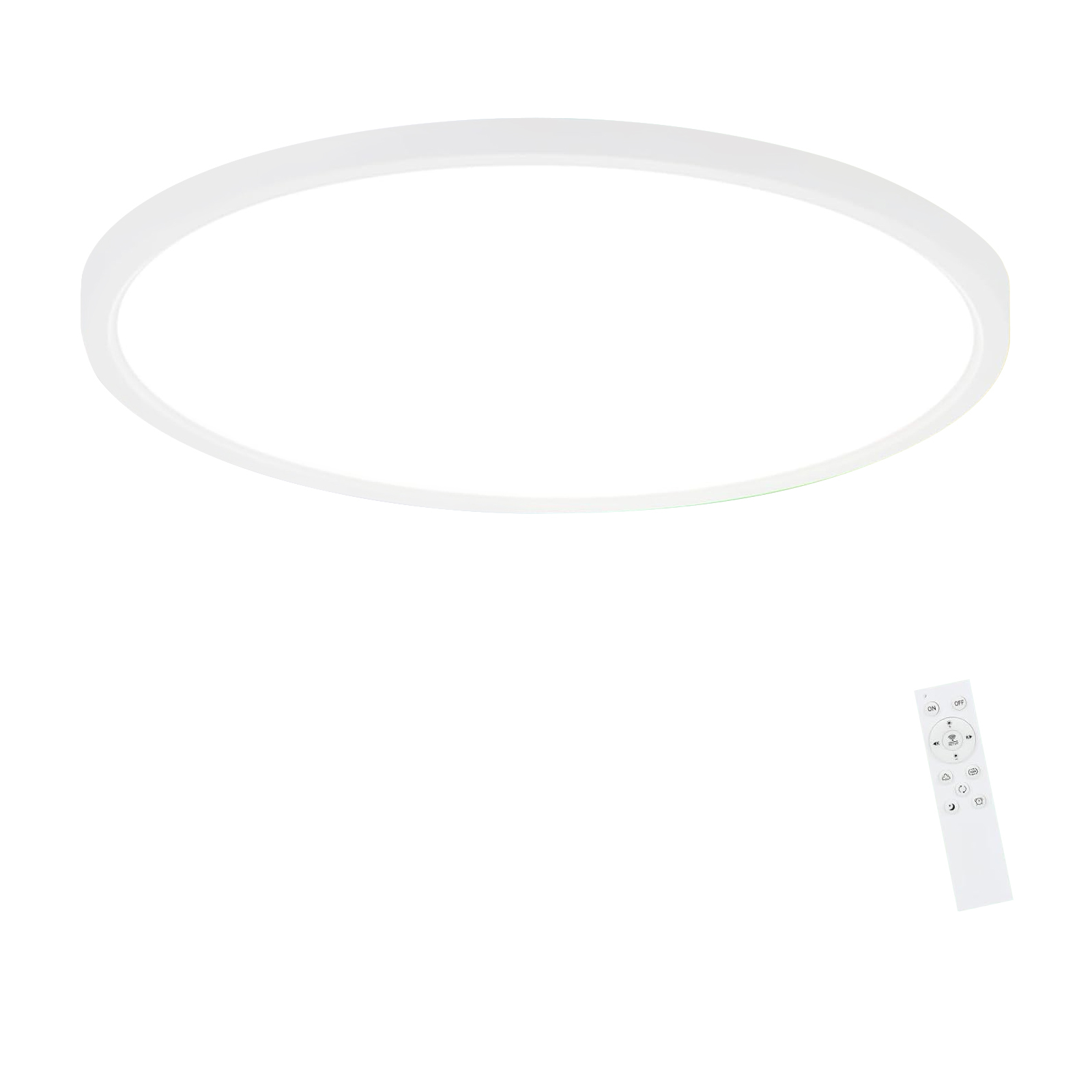 Biała okrągła lampa sufitowa z pilotem. Światło jest włączone.
