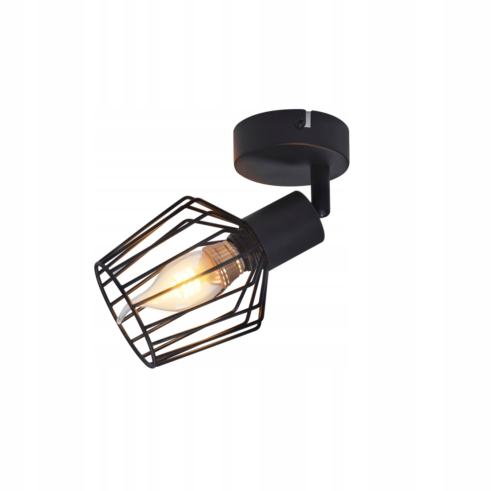 Luce a gabbia in metallo nero. Lampada nera con una gabbia di filo. La lampadina è accesa. Sfondo bianco.