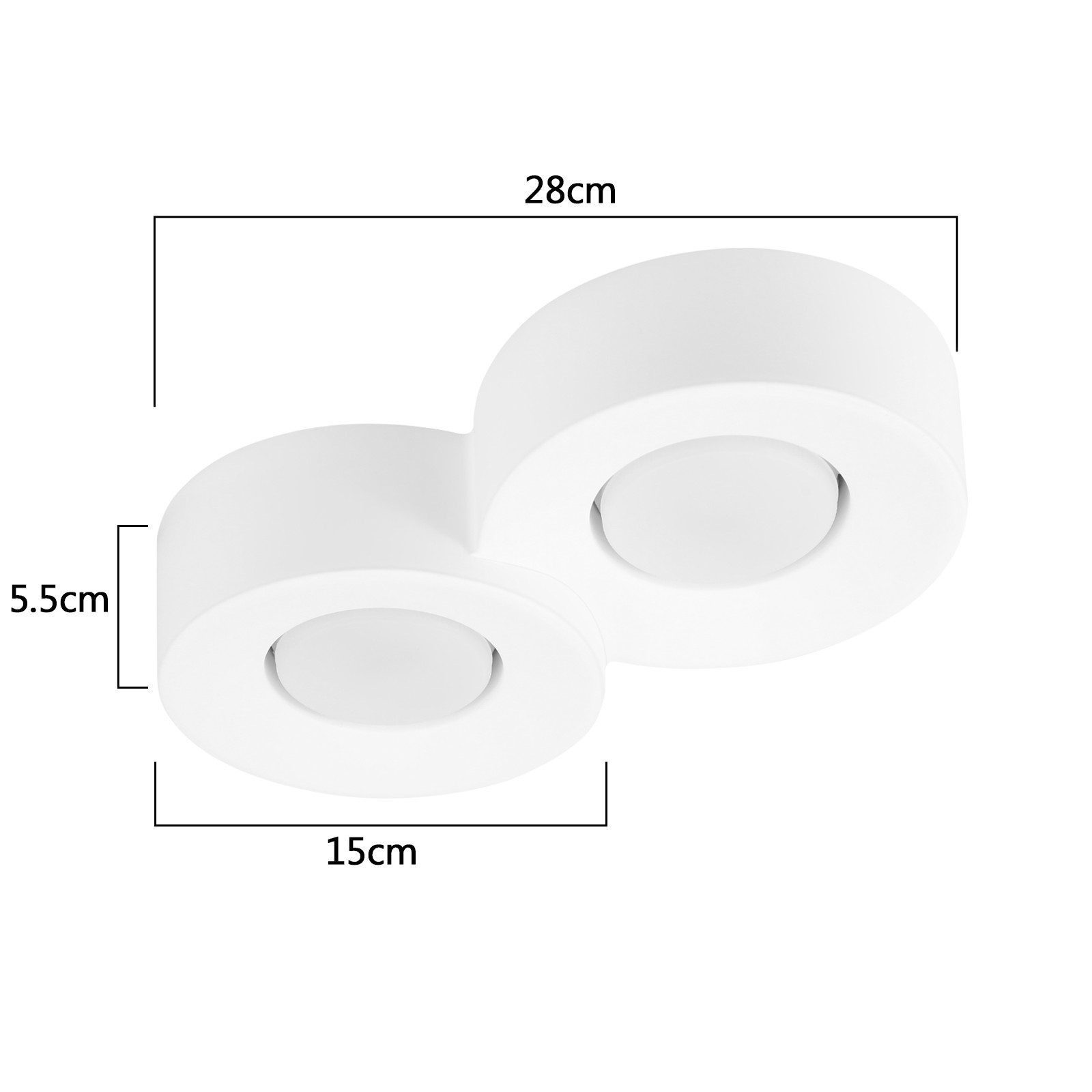 Una luce da soffitto bianca con due sorgenti luminose, dimensioni: 28 cm di lunghezza, 15 cm di larghezza, 5,5 cm di altezza.