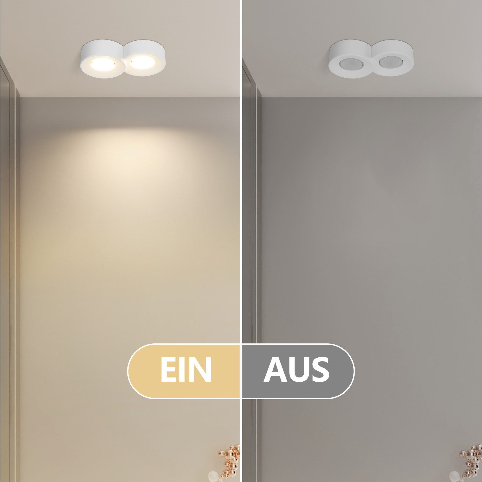 Plafoniera con due luci bianche, una accesa e una spenta. Include le parole 'ON' e 'OFF'.