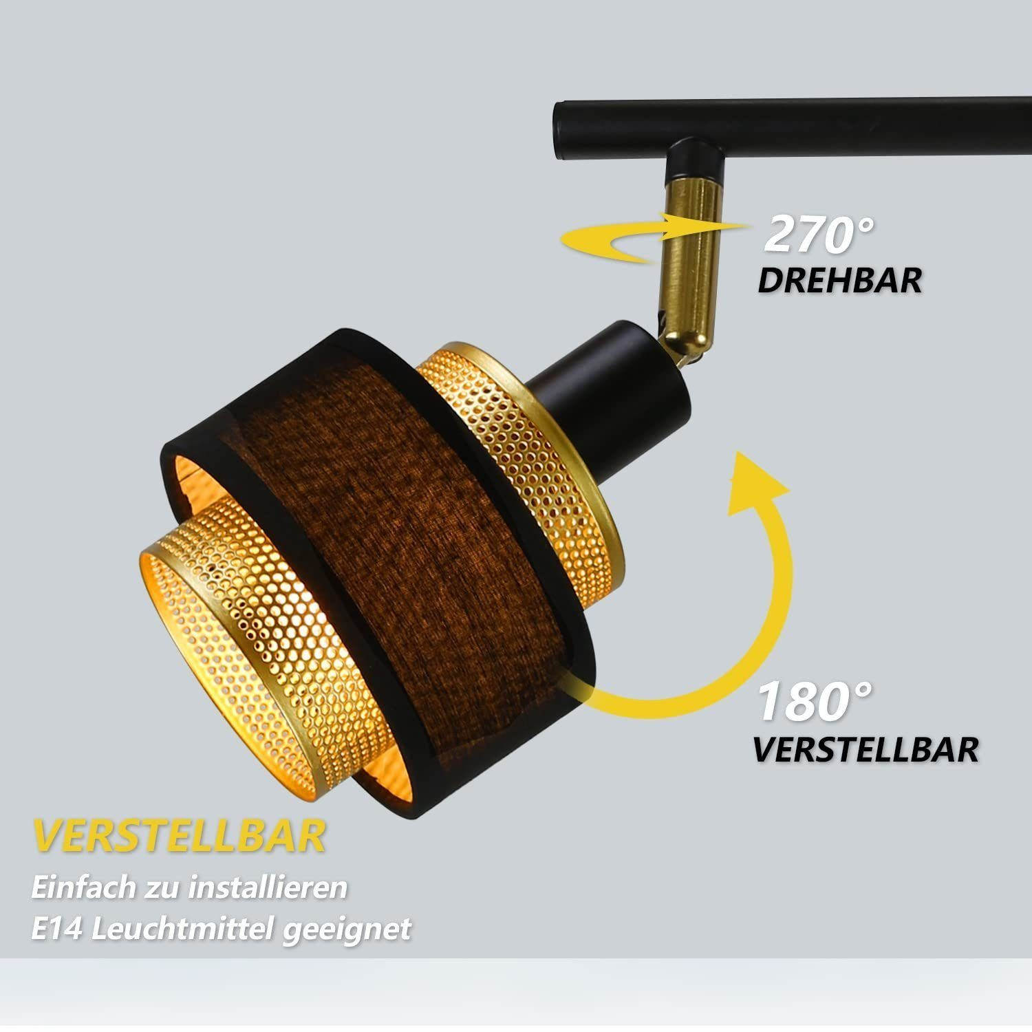 Verstellbarer Strahler mit Netzschirm, der Dreh- und Einstellmöglichkeiten zeigt.